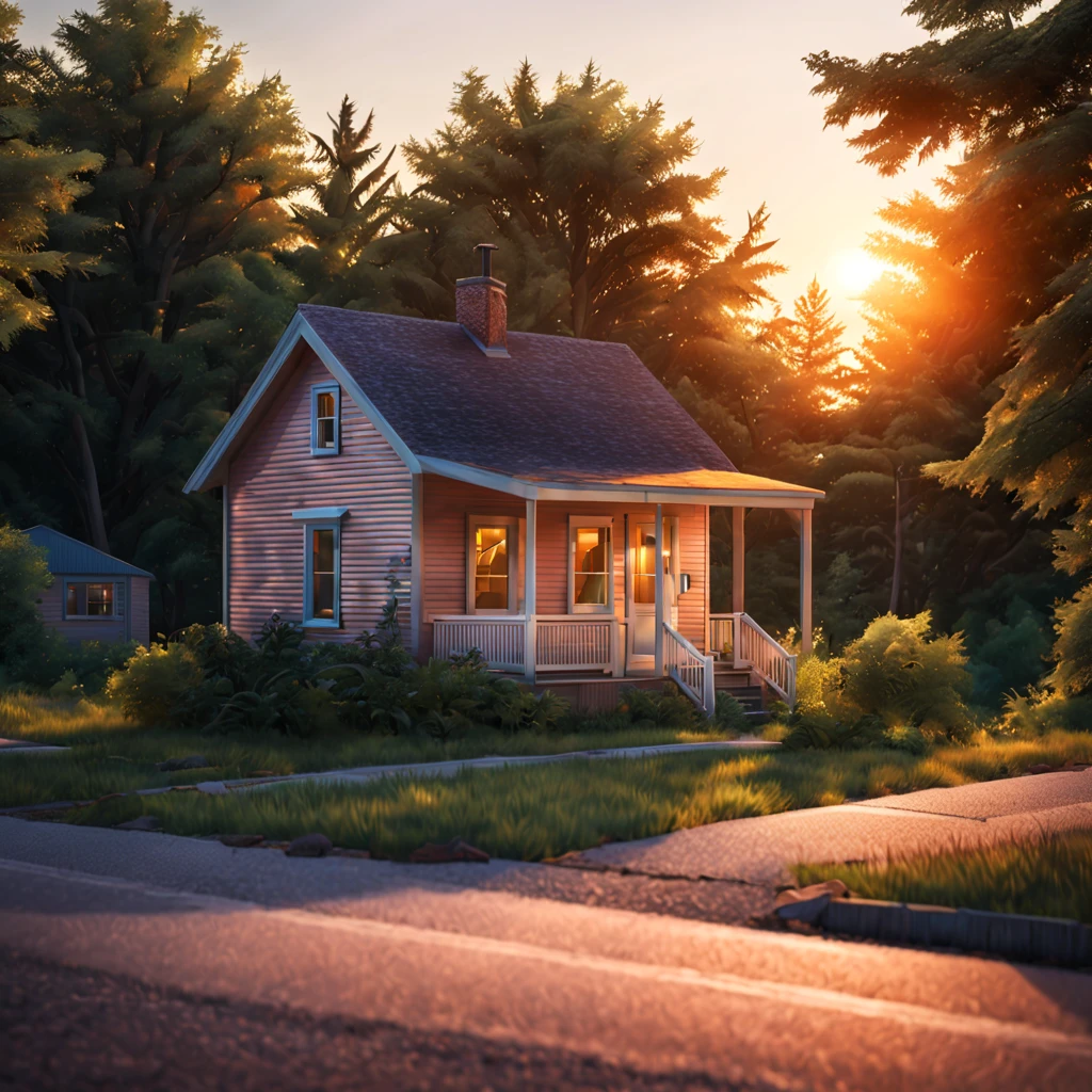 very small house on the outskirts of a small township in the north of the usa, at the end of the street, behind the house you can see the forest, summer, setting sun, Warm sunset, soft light of the evening sun, soft sunlight, realistic, photorealistic, cinematic, soft colors