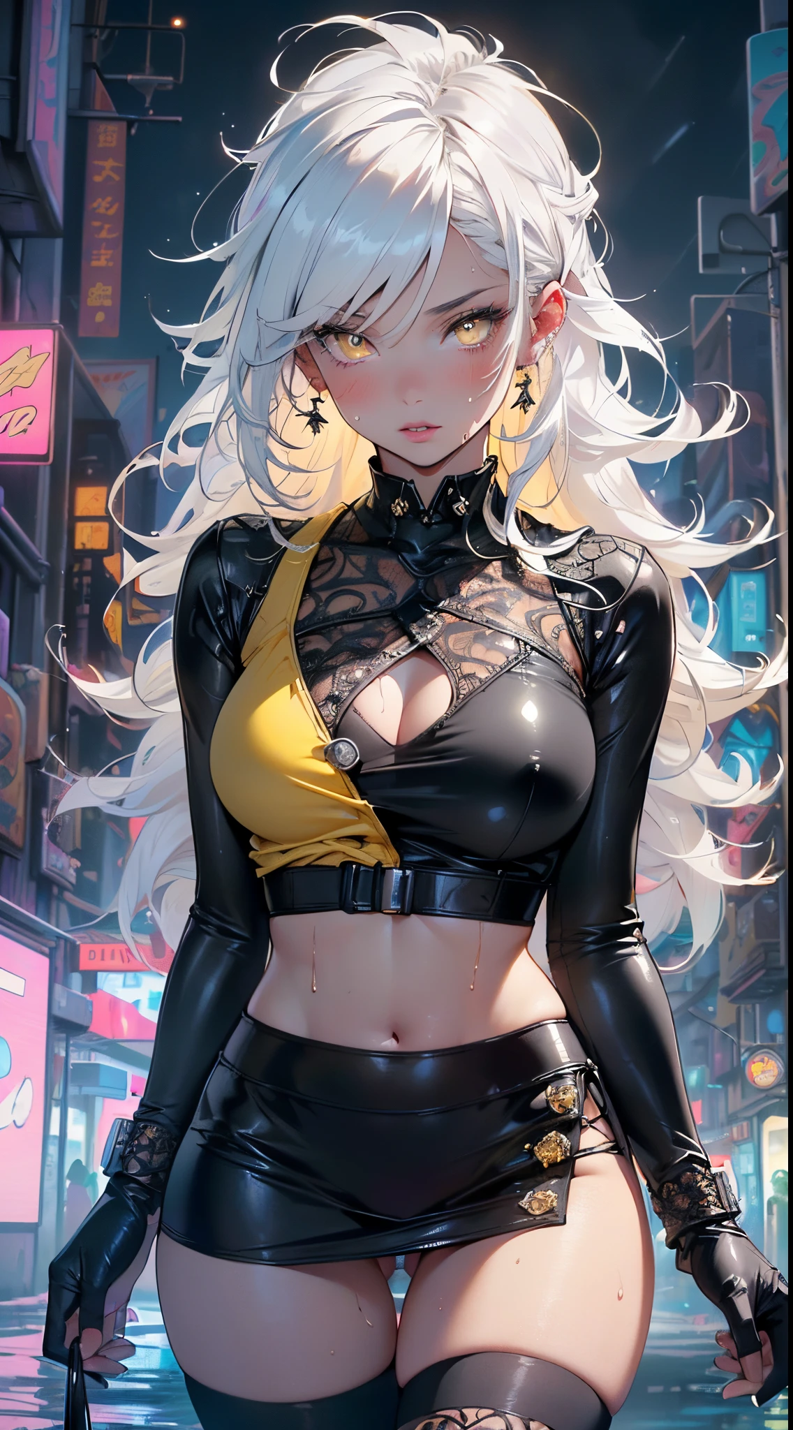 girl rave,(((1girl))),((girl with extremely cute and beautiful white hair)),dark skin,very dark skin,dark_skin,
(large breasts:1.4),saggy breasts,(((white hair:1.35,straight hair,long hair:1.4,colored inner hair,ear breathing))),(((light_yellow_eyes:1.3))),intricate eyes,beautiful detailed eyes,symmetrical eyes,big eyes:1.5,((fat)),((((black girl,black skin,dark-skinned_female,dark skin:1.3,ebony skin,lustrous skin:1.5,bright skin: 1.5,shiny skin,very shiny skin,shiny body,plastic glitter skin,exaggerated shiny skin,shiny skin like ebony,illuminated skin, wet legs))),(spider lower abdomen,narrow waist,wide hip,athletic body,inflated legs,detailed body,(detailed face)),((perfect feminine face)),
cute,slutty,seductive,erotic,((nsfw)),
zettai ryouiki,revealing clothing,show skin,((rave shirt with an yellow print,rave mini-skirt,visible thong straps)),((underpants strap)),(wearing a rave outfit:1.3,rave clothes,semi-naked,with little clothing),((wet clothes,intricate outfit,intricate clothes)),
(dynamic pose:1.0),solo focus,embarrassed,(centered,scale to fit dimensions,Rule of thirds),
cyberpunk city by the ocean at night, with bright neon signs and dark stormy clouds and puddles, scenery:1.25,nighttime, starry night, cosmos,Very dark night that makes the neon lights stand out, very bright neon lights,
artistic photography,(photography taken by sldr),highres, sharp focus,(ultra detailed, extremely detailed), (photorealistic artwork:1.37),(extremely detailed CG unity 8k wallpaper),((synthwave background theme)),(((vibrant colors))),intricate,(intricate background),(masterpiece),(best quality),perfect rendered face,perfect face details,realistic face,photo realistic,analog style,((intricate detail)),(((realism))),