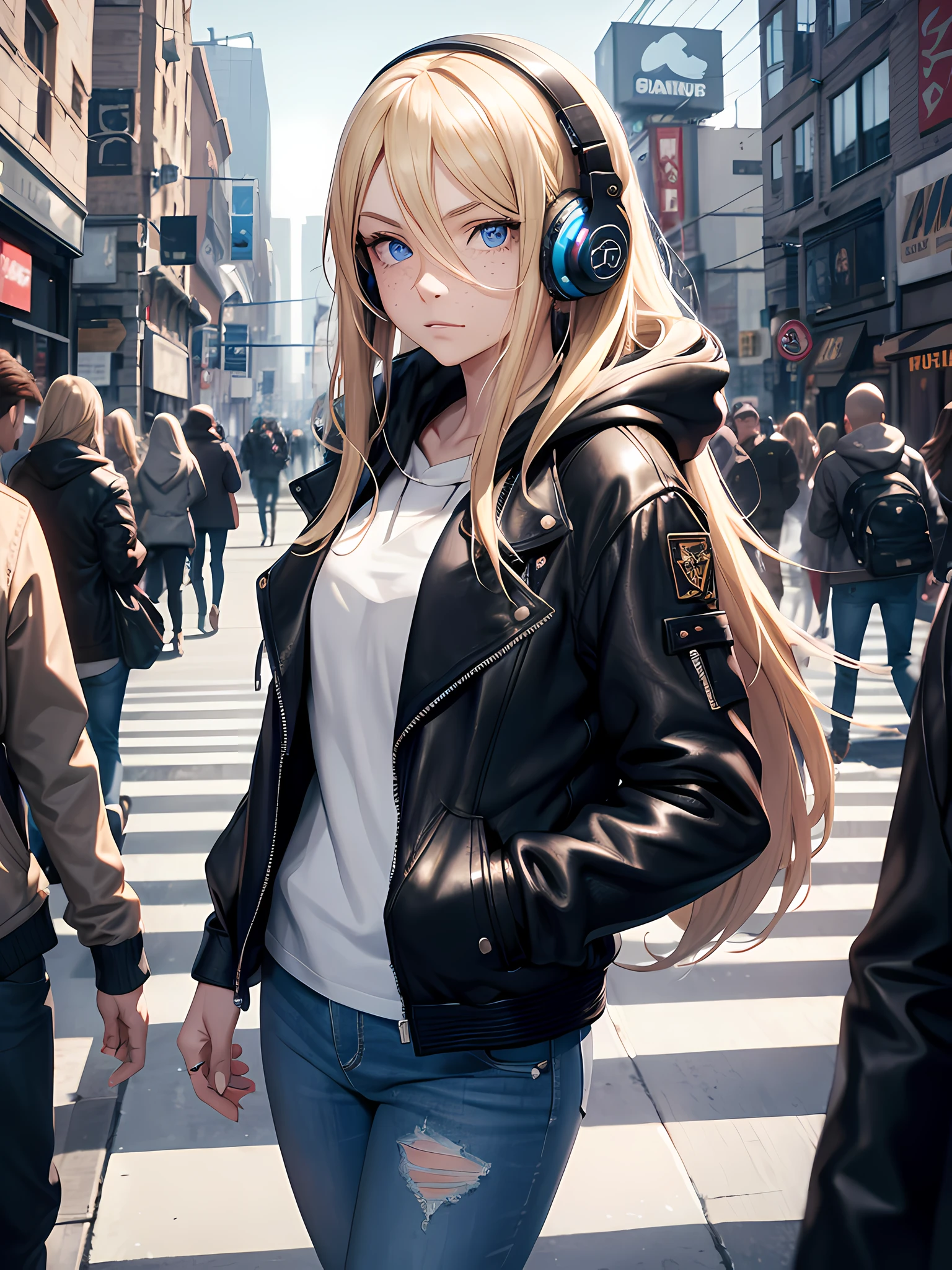 one woman, she had long blond hair, blue eyes, she had freckles, bored face expression, wearing a black leather jacket with a hoodie, wearing a denim pants, wearing a headphone, hands in pocket, walking, city, crowd, high res, ultrasharp, 8k