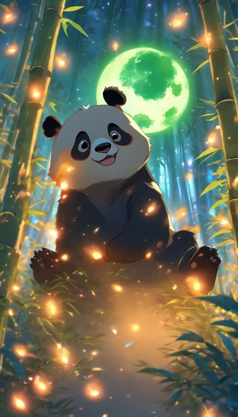 Christmas Eve, Quiet bamboo forest, Bamboo leaves fall in the wind,Cute and cute giant panda，grease， Full moon in the sky, Flying fireflies