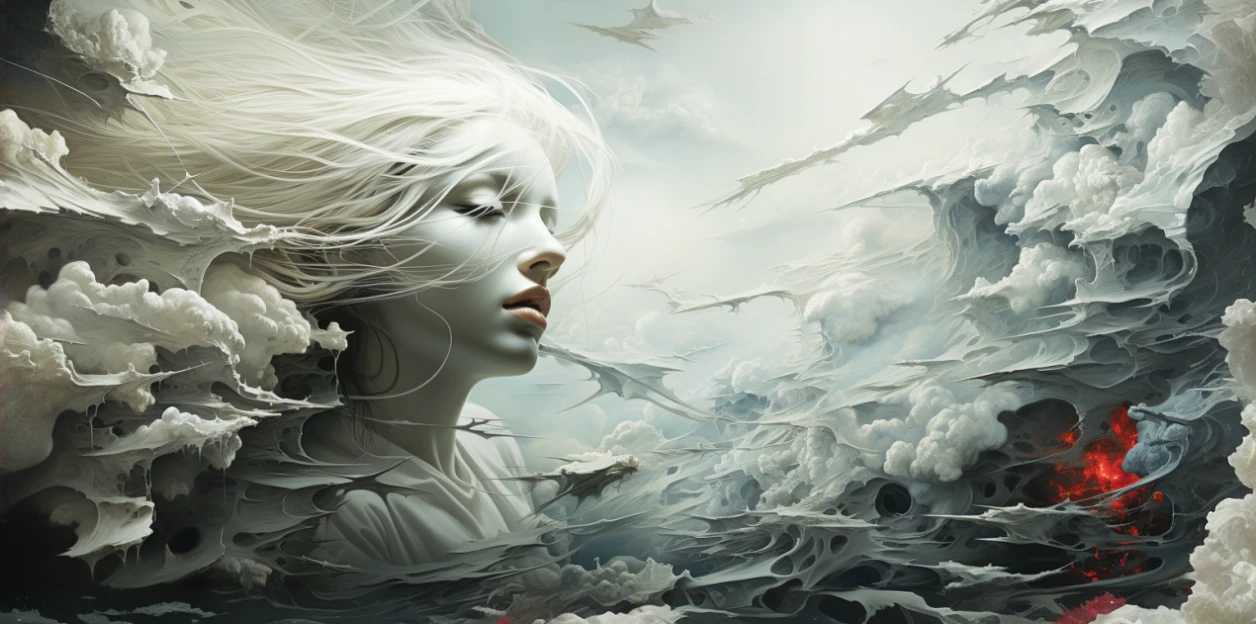 painting of a woman with white hair and a red boat in the water, Karol Bak e Peter Mohrbacher, breathtaking fantasy art, inspirado em Karol Bak, karol bak uhd, retrato bonito da arte da fantasia, dramatic fantasy art, Arte surreal e fantasiosa, a beautiful artwork illustration, bela arte de fantasia, arte digital fantasia arte, arte de fantasia muito bonita