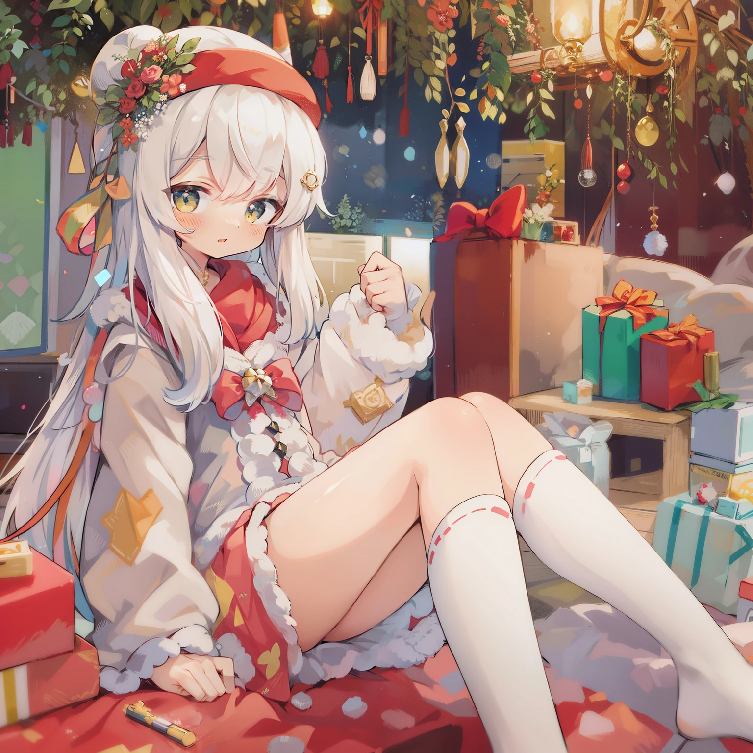 <lora:utaonepiece-000030:0.7>,utaonepiece, 1girl, solo, cup, barefoot, holding, feet, shirt, gift, looking at viewer, moon, sitting, soles, open mouth, full moon, frills, night, smile, toes, black skirt, crossed legs, holding cup, bangs, gift box, blush, window, bare legs, teacup, snowman, christmas, dutch angle, sky, yellow ribbon, christmas tree, ribbon, long sleeves, :d, night sky, frilled skirt, snowing, wide sleeves, box, indoors, open robe, collared shirt