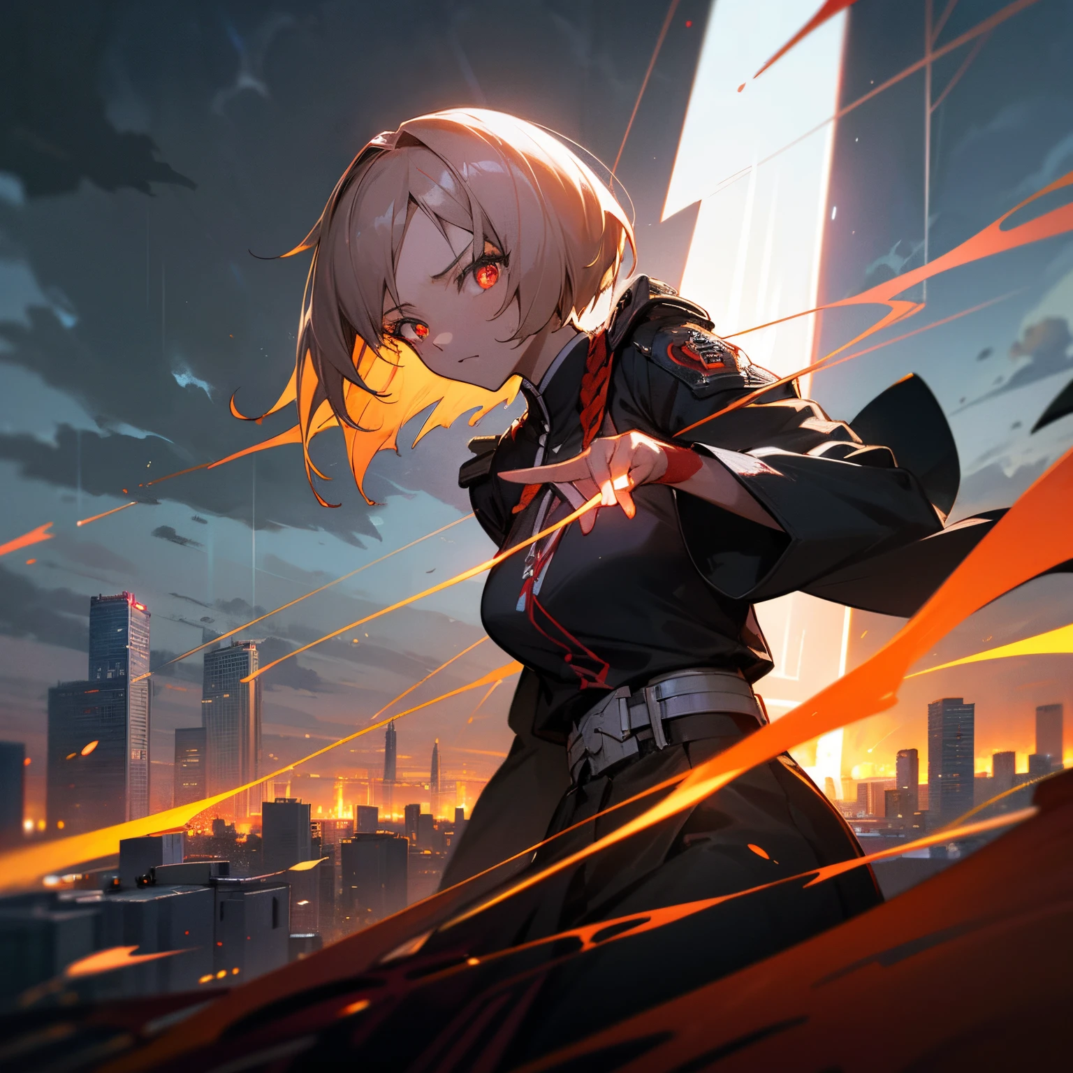 anime girl with sword and fire in the air, fate grand order, fine details. girls frontline, fire!! full body, from girls frontline, girls frontline cg, best anime 4k konachan wallpaper, 坏蛋动漫8 K, anime moe artstyle, girls frontline style, ufotable art style, blazing infero,tendon,rider suit,black and gold coat,masterpiece,silver short hair,smile,sinjyuku in tokyo,buildings,night,neon,Black leather coat with gold embroidered fur edging,Black leather boots with three-section fastening belt,A challenging smile