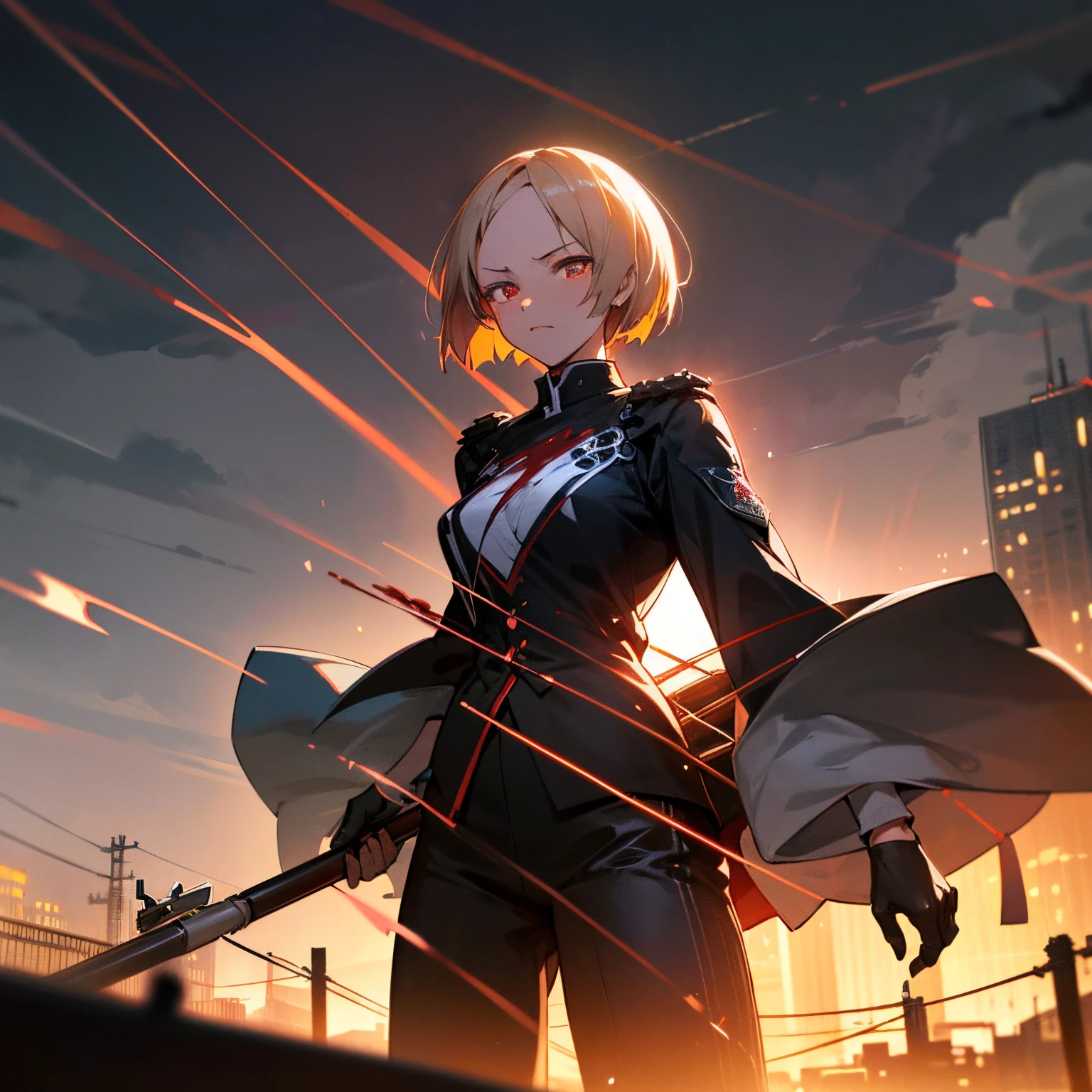 1 japanese girl, War Frame, complex pattern, heavy metal, energy line, Faceless, Glowing eyes, Elegant, Formidable, Blood red and black uniform, Solo, Modern, city, A city scape, dark clouds, thunderstorm, Heavy rain,, Dramatic Lighting,, (masutepiece:1.2), Best Quality, High resolution, Beautiful detailed, Extremely detailed, Perfect Lighting,