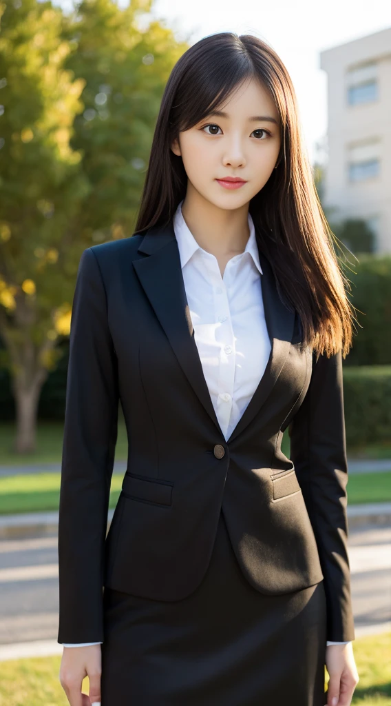 4K,8K,16K,32K, hight resolution ,Realistic, Photorealistic, Raw photo,hyper realistic photography ,Best Quality, High quality, Face Focus ,Symmetrical face, 1woman ,30 years old ,huge breasts,Black Piece suit, collared shirt, Black pencil skirt,frontage,full body shot,Classroom,Sony camera