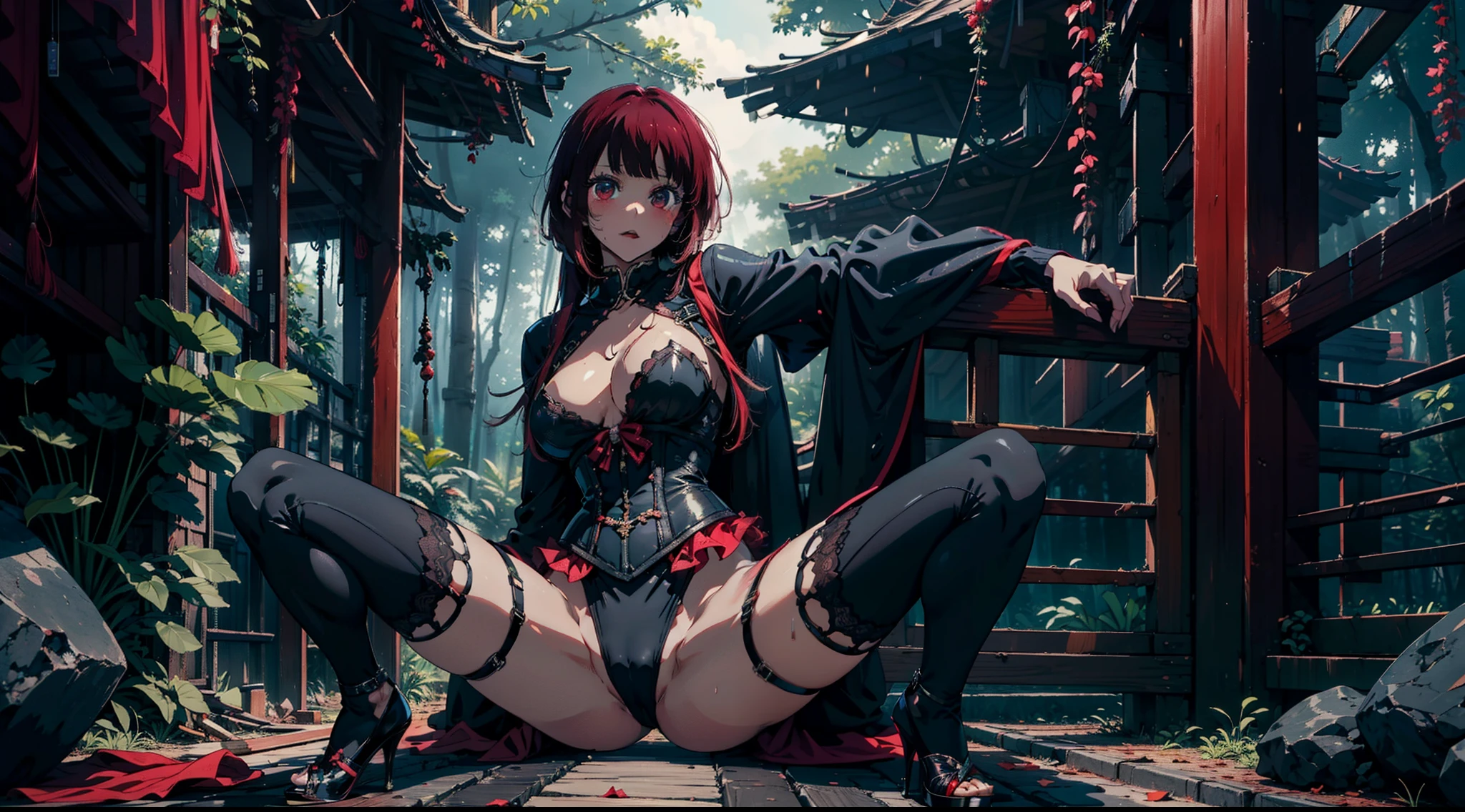 1female，yo，Slim，熟妇，medium cleavage breasts Thin waist，slenderlegs，Pornographic exposure， 独奏，Arima Kana, star pupils, (black corset, white robe, stocking, red high heels), looking at viewer,（Background with：ln the forest，the rainforest，in summer，sexy pose，Sweat profusely，drenched all over the body，seen from the front， hair straight， mostly cloudy sky，（（（tmasterpiece），（Very detailed CG unity 8K wallpaper），best qualtiy，cinmatic lighting，detailed back ground，beatiful detailed eyes，Bright pupils，（Very fine and beautiful），（Beautiful and detailed eye description），ultra - detailed，tmasterpiece，）），facing at camera，（Full body photo），Show shoes，A high resolution，ultra - detailed），revealing breasts， Bulge，legs are open，Raised sexy，Flushed complexion，Open-mouthed，frontage，full body,