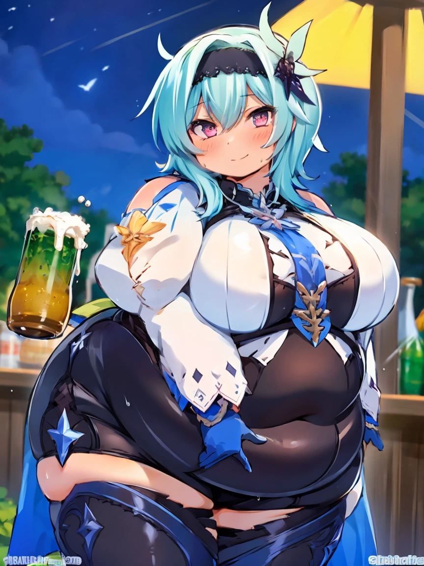 fat eula, 1girl, blue hair, short hair, black thighhighs, thick thighs, fat arms, fat body, hairband, bangs, symmetry eyes, closed bar, drinking beer, green beer, night, detailed face, medium breasts, (looking at viewer:1.2), black kneehighs, fat butt, pantyhose, smooth chin, (ulzzang-6500:0.7), (smile:0.9), (upper body:1.2), closed mouth, game cg, rendering, (photorealistic:1.2), fully naked,sweaty body,big boobs,pink, obese body, big cheeks, cute and fat face, happy