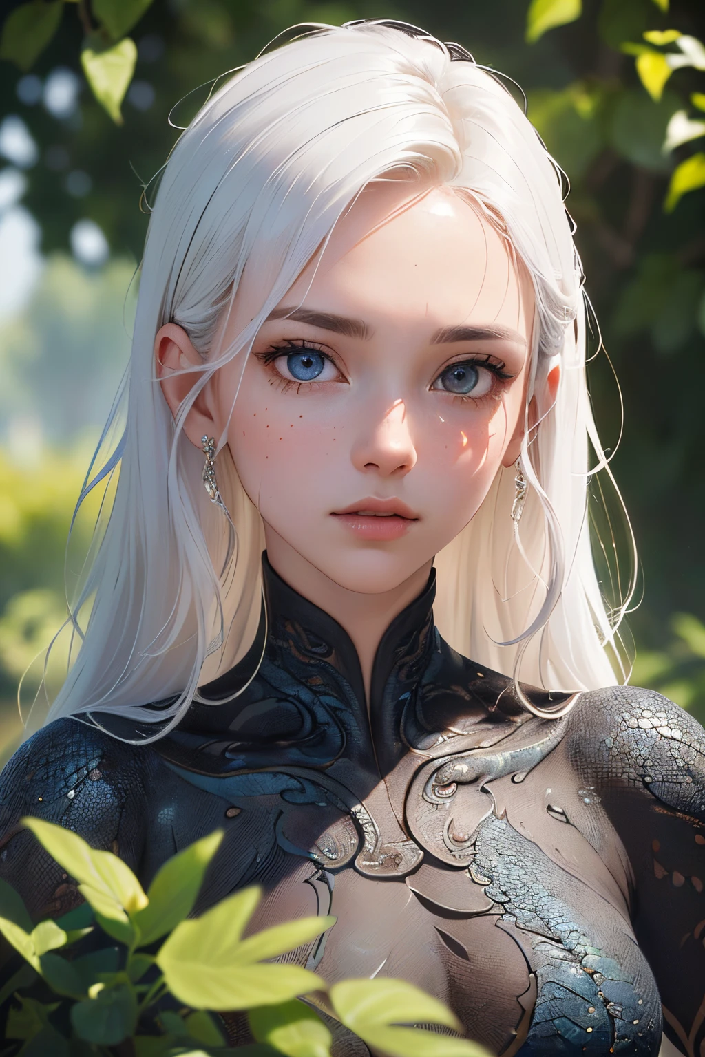 (((master piece))), deeply emotional and visually striking image, ((1 girl 20 years old)), (((skin like dragon scales))), (((full body))), (((beautiful face))), (((beautiful body))), ((beautiful eyes)), ((perfect)), (((hyper detailed skin))), (((hyper detailed face))), white hair, (stylized), Garden of Eden, the forbidden tree, The background with (vivid tones), (((hyper-detailed))), (((intricate elements))), (8k)