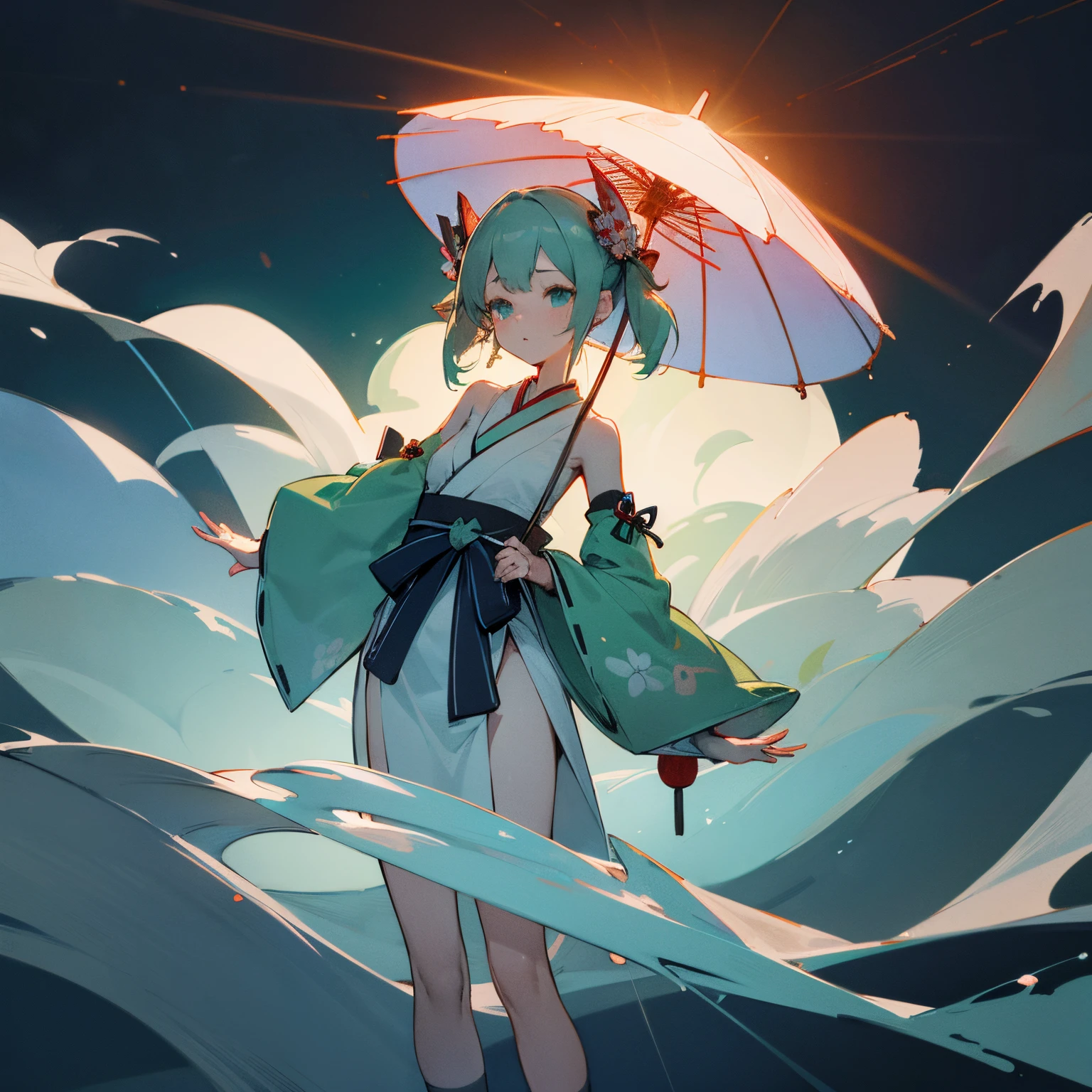 best quality, Detailed drawing, High resolution, HD, 4K, 1girl(solo, cute, kawaii, flat body, deep blue eyes, low twin tails, pale green shorthair), (red based Japanese shrine maiden's ceremonial dress, (short length):2, moe, bare shoulders, Detached sleeves)1.4, Knee socks, Absolute Area, Shinto shrine, hyper real, rich colored, detailed delicate cell anime work, beauty upper body shot, Glossy highlights that look like wet,