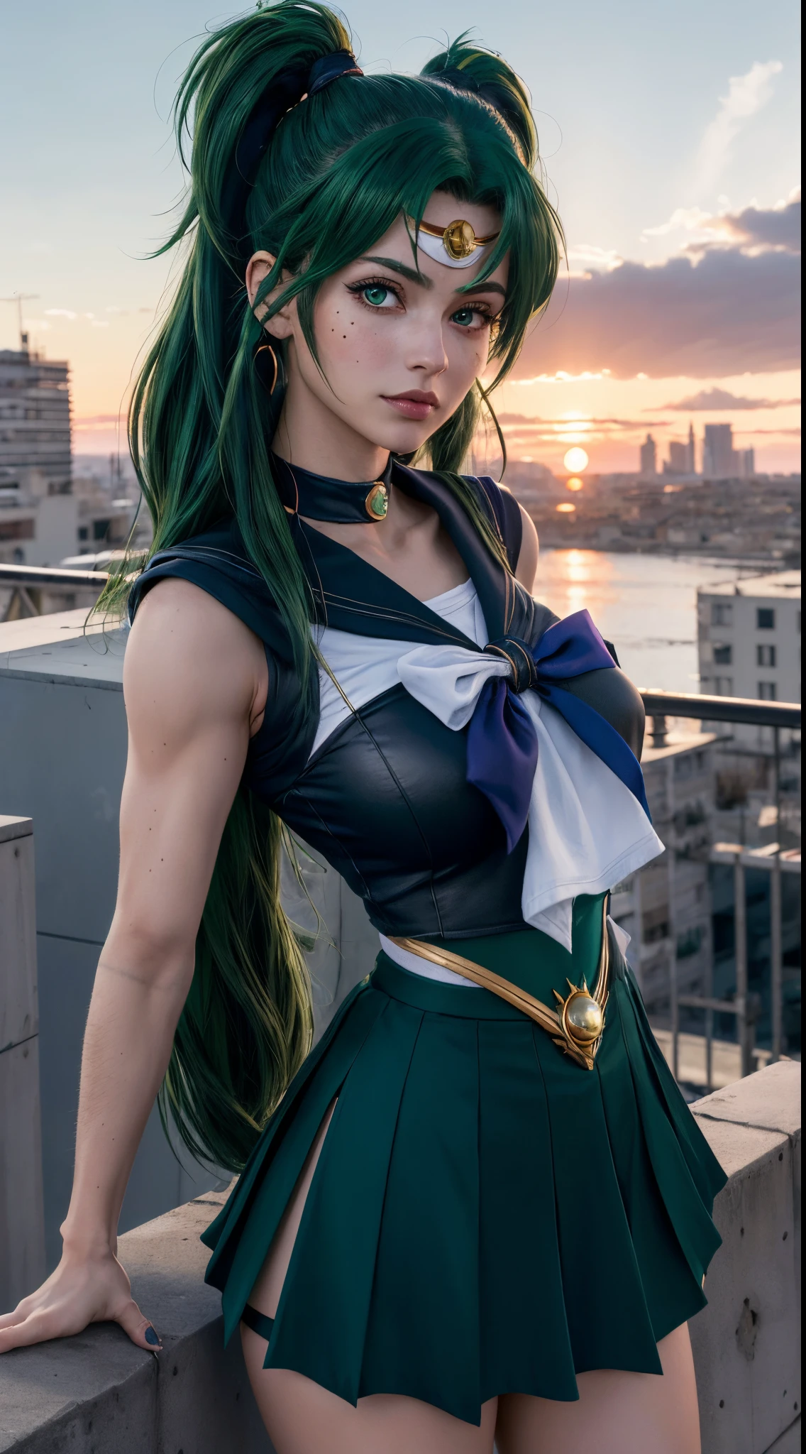 close-up, 1girl, sailor neptune, (sailor senshi uniform:1.2), (aqua eyes:0.9), dark green hair, medium hair, plead skirt, best quality, earrings, masterpiece, high resolution, intricate details, (( realistic )), photographic, (white elbow gloves:1.1), jewelry, Medium breast, full body, Dynamic background, dynamic posture,