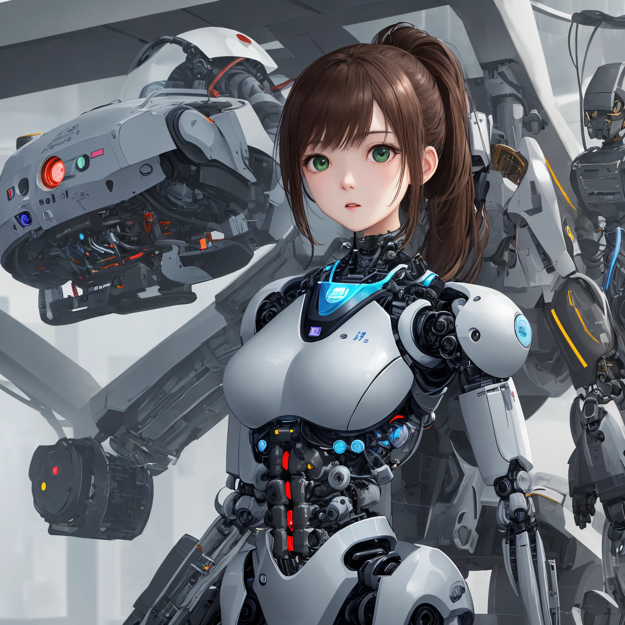 2 depicting an android based on a 39-year-old Japanese woman being repaired.5D art please。She has brown wavy hair in a ponytail.、has green eyes。Her figure is chubby and glamorous.、The body is made of silver metallic metal.、Consists of ball joints。Her body, modified as an android, has been disassembled.、Please draw so that the internal mechanical parts and wiring are visible.。her expression is expressionless、The background is the atmosphere of a robot factory.、Please make the composition look like a manipulator or assembly robot is maintaining her body.。
