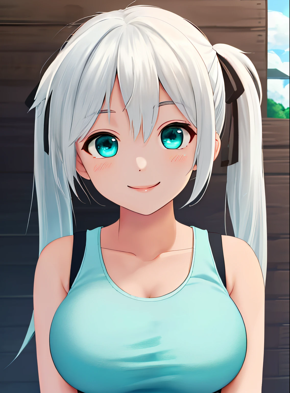 masterpiece, (best quality:1.4), detailed, girl, (solo), (white hair:1.2), (medium twintail hair:1.3), (sidelocks:1.1), (bangs:1.1), (large breast:1.3), ribbon, (aqua eyes:1.2), (smile:1.2), flower on head, upper body, (tank top:1.0), (hot tank top:1.2), (looking at viewer:1.2), sexy, detailed eyes, detailed hair, highres, outdoor, sky, (lighting:1.2), high details