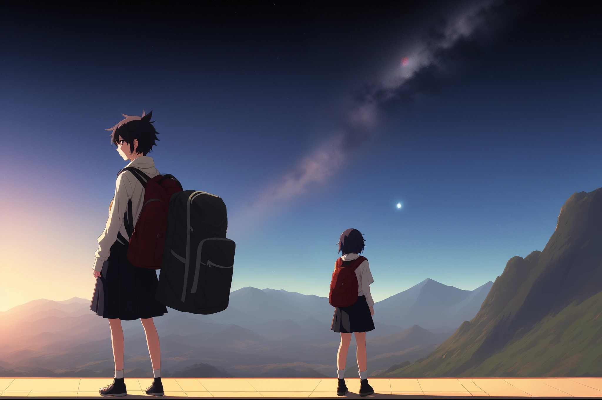 fantastic cosmic background。School teacher。Art style。by Makoto Shinkai