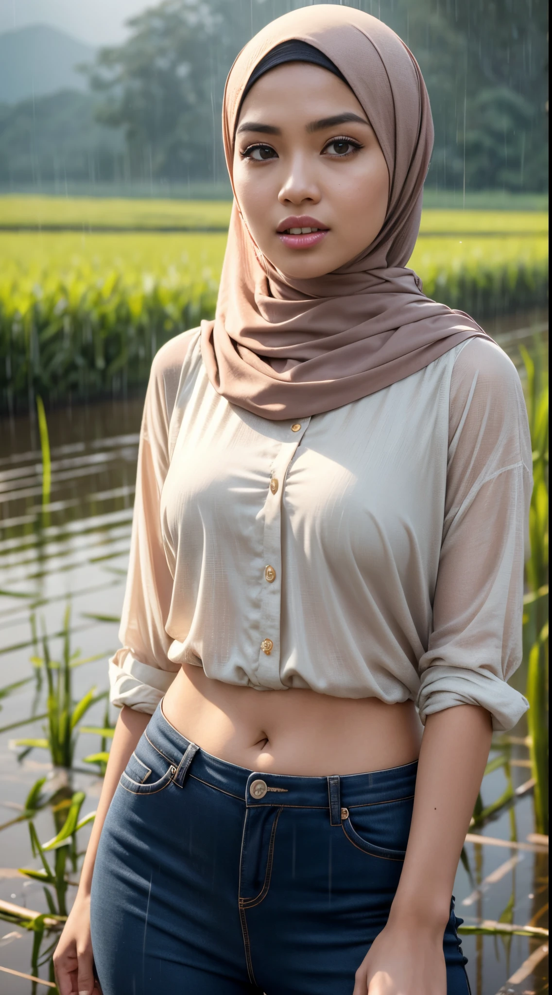 RAW, Best quality, high resolution, masterpiece: 1.3), beautiful Malay woman in hijab (iu:0.8)RAW, Best quality, high resolution, masterpiece: 1.3), beautiful Malay woman in hijab (iu:0.8), village Malay girl in pastel colored hijab , wearing simple modern baju brackets, big breasts, perfect body, small waist, slim, wide hips, thick thighs, in a rainy rice field, clothes soaked, water splashing, mouth open, in heavy rain, dark clouds, happy, 8k, high quality, light lighting