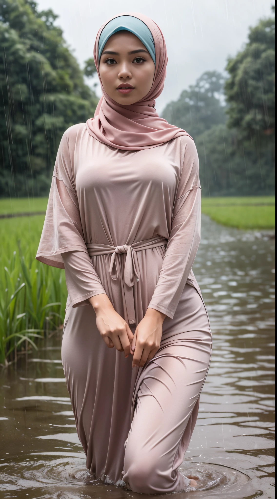 RAW, Best quality, high resolution, masterpiece: 1.3), beautiful Malay woman in hijab (iu:0.8)RAW, Best quality, high resolution, masterpiece: 1.3), beautiful Malay woman in hijab (iu:0.8), village Malay girl in pastel colored hijab , wearing simple modern baju brackets, big breasts, perfect body, small waist, slim, wide hips, thick thighs, in a rainy rice field, clothes soaked, water splashing, mouth open, in heavy rain, dark clouds, happy, 8k, high quality, light lighting
