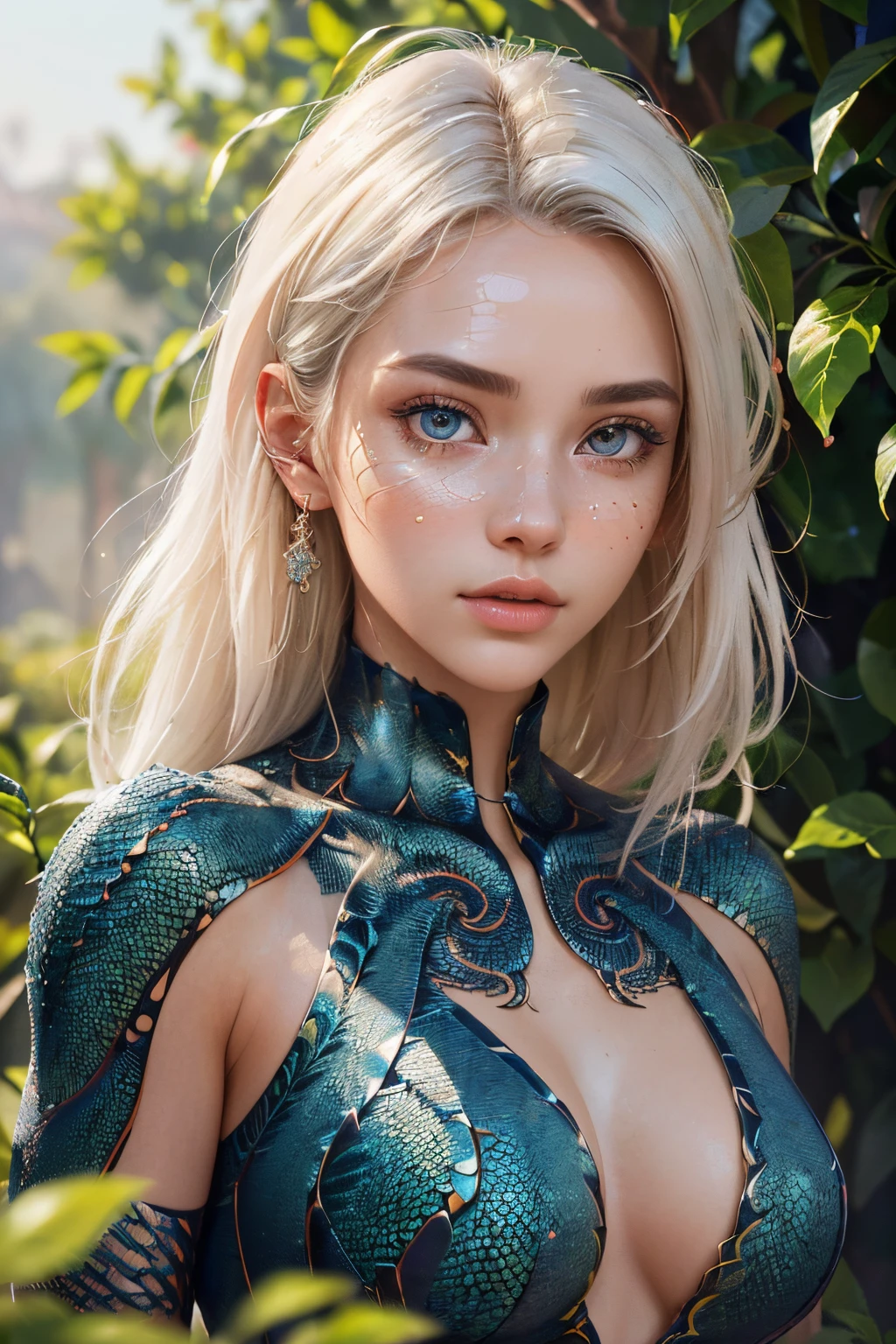 (((master piece))), deeply emotional and visually striking image, ((1 girl 20 years old)), (((skin like dragon scales))), (((full body))), (((beautiful face))), (((beautiful body))), ((beautiful eyes)), ((perfect)), (((hyper detailed skin))), (((hyper detailed face))), white hair, (stylized), Garden of Eden, the forbidden tree, The background with (vivid tones), (((hyper-detailed))), (((intricate elements))), (8k)