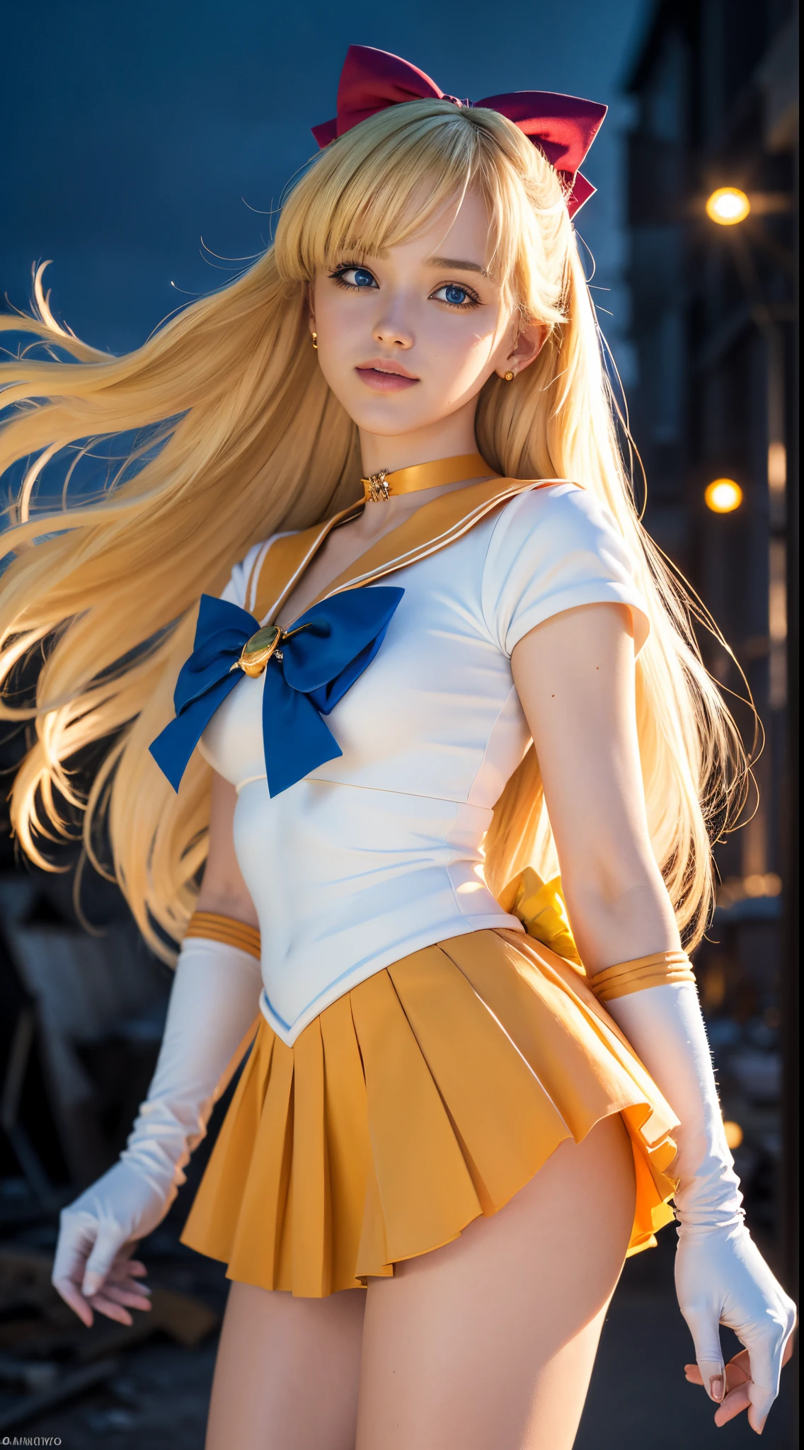 masterpiece, best quality, highres, venus1, 1girl, solo, sailor senshi uniform, sailor venus, aino minako, blonde hair, magical girl, blue eyes, orange skirt, elbow gloves, tiara, pleated skirt, hair bow, orange sailor collar, miniskirt, choker, red bow, orange choker, white gloves, very long hair,  jewelry,  earrings, cowboy shot, smile,,More detailed 8K.motor irreal:1.4,UHD,La mejor calidad:1.4, fotorrealista:1.4, textura de la piel:1.4, obra maestra:1.8,obra-prima, mejor calidad,objeto Objeto], (detailed face features:1.3),(manos detailed:1.4),(fondo apocalyptic destroyed city:1.4)