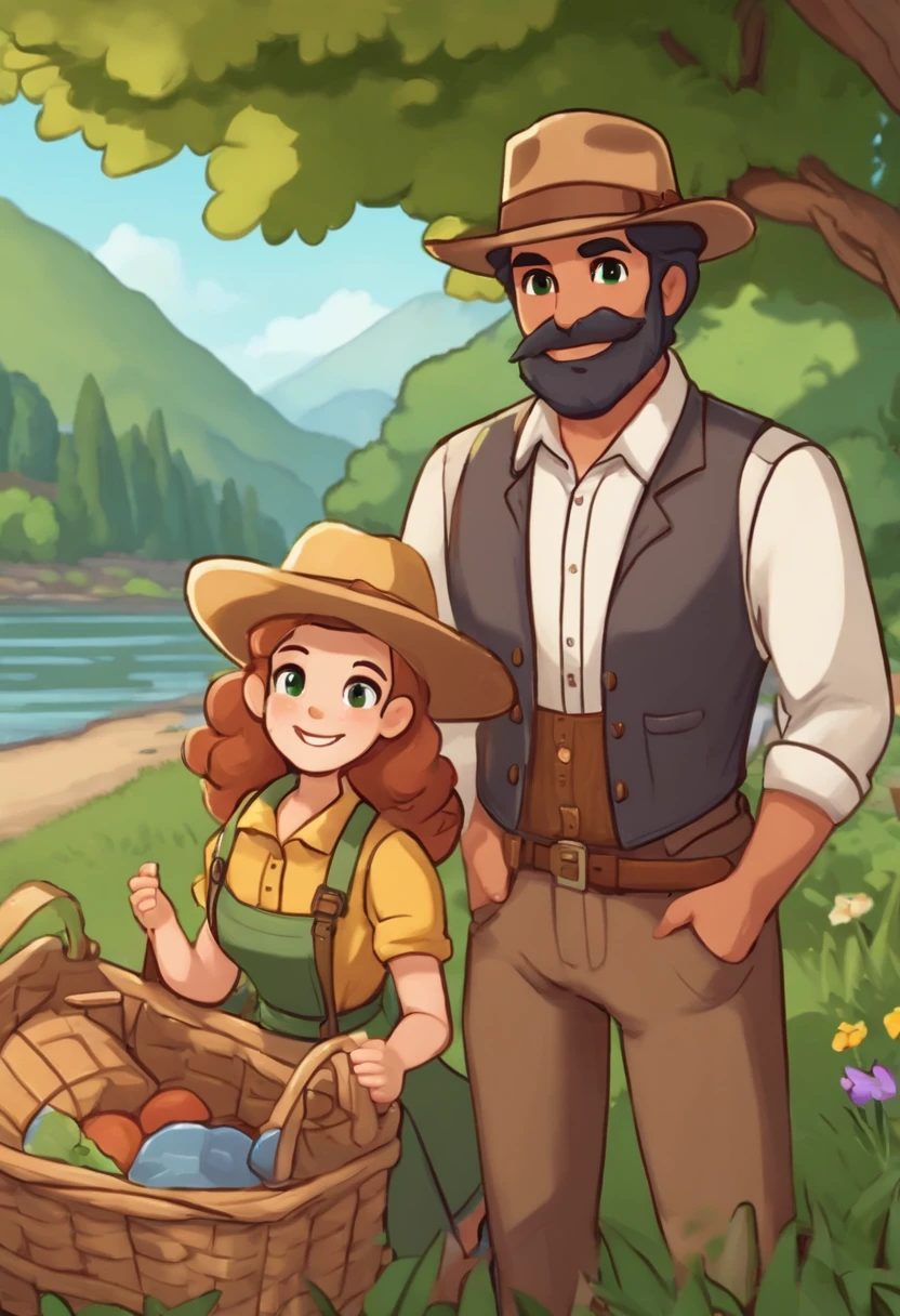 A photo of Mayor Lewis and Marnie enjoying a picnic by the river in Stardew Valley.,Stardew Valley,He wears a tan newsboy cap. He is old and has a big grey mustache. He is a white  man. He wears a green button up top with a yellow necktie. He wears brown suspenders and brown pants.