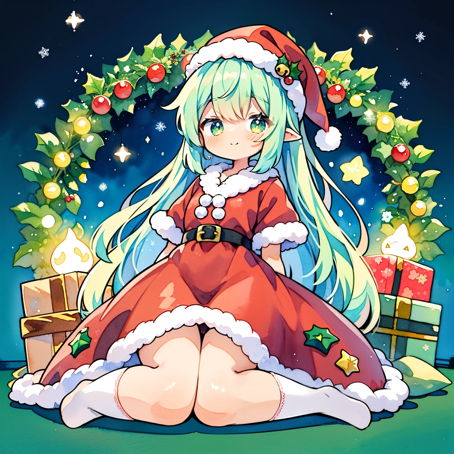 (Cute illustration:1.1)、(watercolor paiting:1.2)、(vibrant glow:1.2)、striking contrast、Beautifully detailed、Best Quality、, Anime,christmas night、reddish、verdant、illuminations、Santa Clothes、、Holly、Christmas cake、stele、white Christmas、Christmas tree、Glitter、cinematric light,1girl in、（Wear red and green lace feathers：1.5）、masutepiece, Best Quality、 Anime,  Dress, knee sox, Lace, Christmas Colors：1.1、Holly、Flower Arrangement Wreath Background:1.1、A smile、(PastelColors:1.2)、(Cute illustration:1.2)、(watercolor paiting:1.2)、、,levitation：1.1、Thick wool gown:0.3、