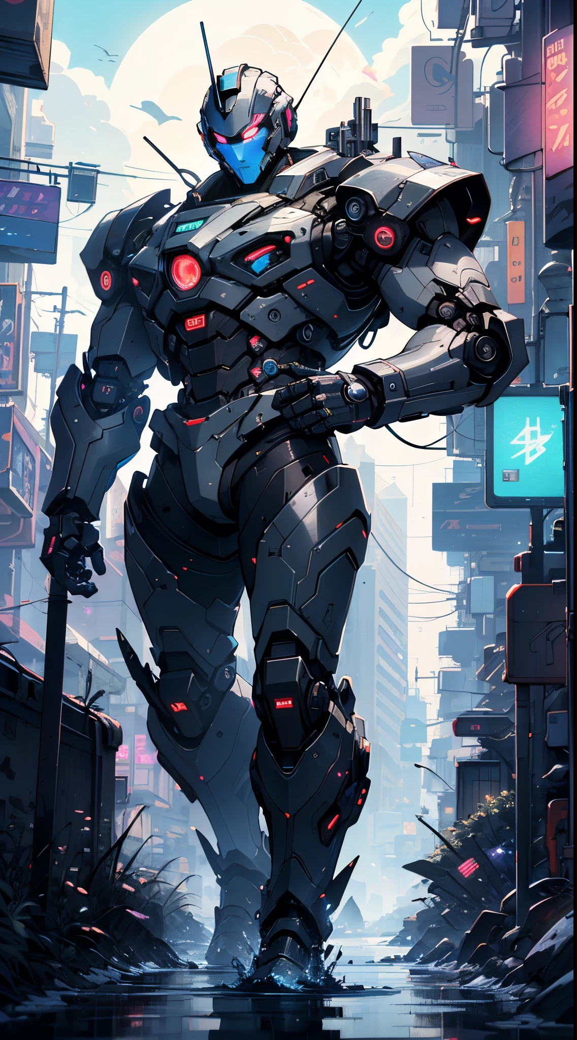 Imposing black plastic metal android robot,three meters tall,minimalist design,marked metallic musculature. His head is smooth and adorned with RGB lights,body is glossy black, RGB details, futuristic design,(((muscular))),hypermuscle, hyper muscles,carbon robot,humanoid robot, robot, robot joints, joints, helmet, armor, head-mounted display,(((robot with minimalist design))),
He carries a metal backpack on his back.
(dynamic pose:1.0),solo focus,(centered,scale to fit dimensions,Rule of thirds),
cyberpunk city by the ocean at night, with bright neon signs and dark stormy clouds and puddles, scenery:1.25,nighttime, starry night, cosmos,Very dark night that makes the neon lights stand out, very bright neon lights,
artistic photography,(photography taken by sldr),highres, sharp focus,(ultra detailed, extremely detailed), (photorealistic artwork:1.37),(extremely detailed CG unity 8k wallpaper),((synthwave background theme)),(((vibrant colors))),intricate,(intricate background),(masterpiece),(best quality),perfect rendered face,perfect face details,realistic face,photo realistic,analog style,((intricate detail)),(((realism))),
