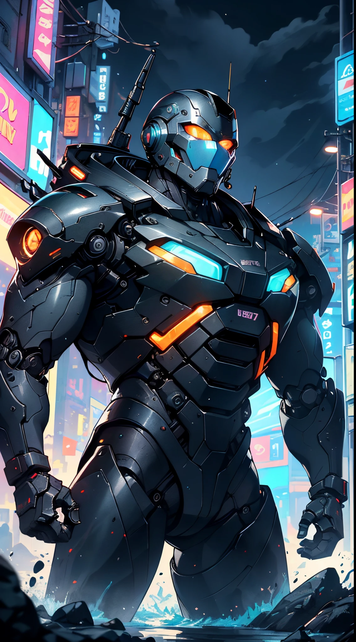 Imposing black plastic metal android robot,three meters tall,minimalist design,marked metallic musculature. His head is smooth and adorned with RGB lights,body is glossy black, RGB details, futuristic design,(((muscular))),hypermuscle, hyper muscles,carbon robot,humanoid robot, robot, robot joints, joints, helmet, armor, head-mounted display,(((robot with minimalist design))),
He carries a metal backpack on his back.
(dynamic pose:1.0),solo focus,(centered,scale to fit dimensions,Rule of thirds),
cyberpunk city by the ocean at night, with bright neon signs and dark stormy clouds and puddles, scenery:1.25,nighttime, starry night, cosmos,Very dark night that makes the neon lights stand out, very bright neon lights,
artistic photography,(photography taken by sldr),highres, sharp focus,(ultra detailed, extremely detailed), (photorealistic artwork:1.37),(extremely detailed CG unity 8k wallpaper),((synthwave background theme)),(((vibrant colors))),intricate,(intricate background),(masterpiece),(best quality),perfect rendered face,perfect face details,realistic face,photo realistic,analog style,((intricate detail)),(((realism))),
