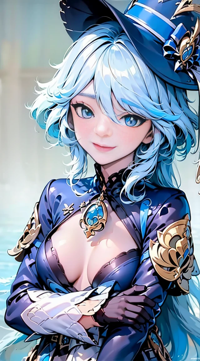 Personaje furina de genshin impact, de cabeza hasta los zapatos y con su ropa detallada con sombrero