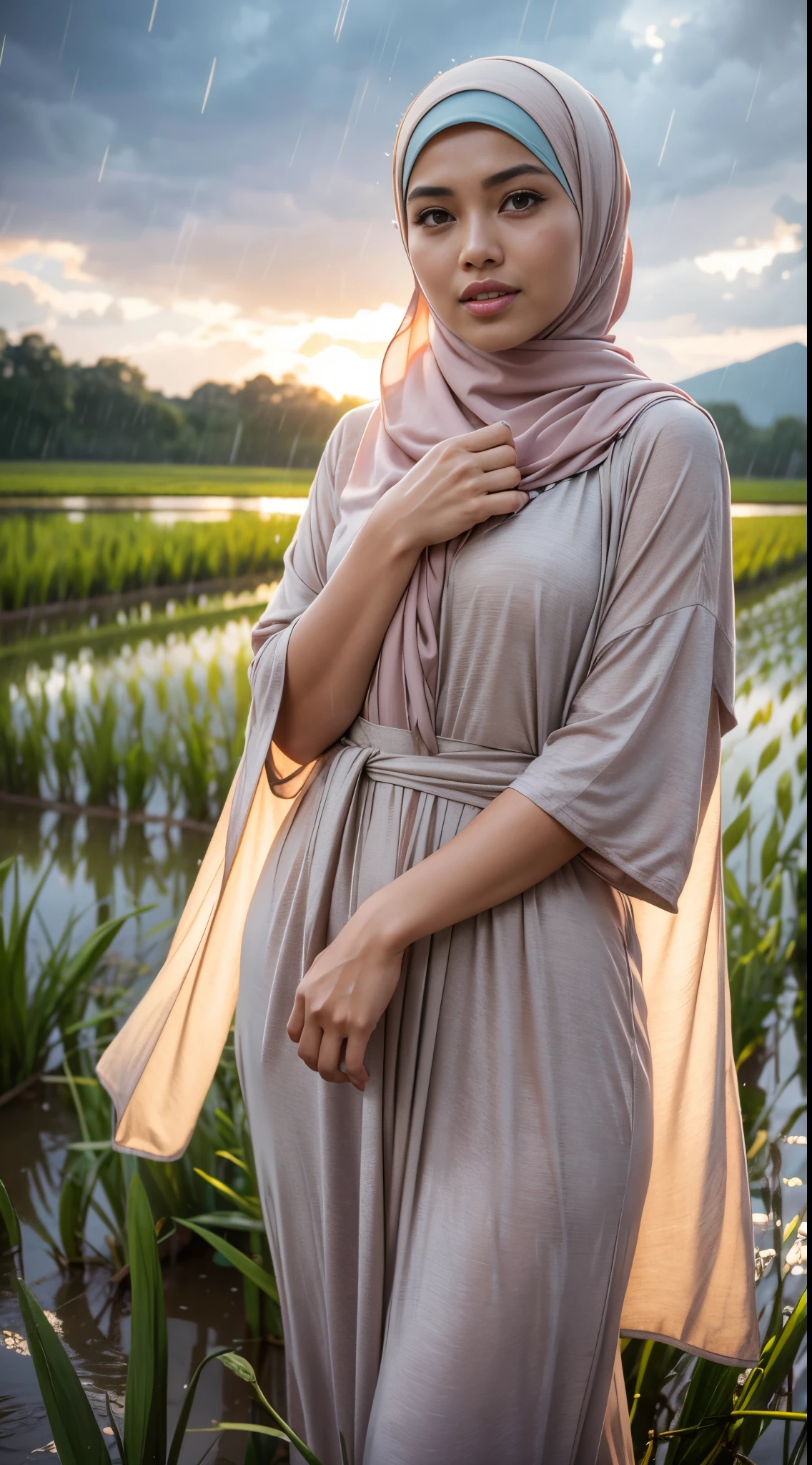 RAW, Best quality, high resolution, masterpiece: 1.3), beautiful Malay woman in hijab (iu:0.8)RAW, Best quality, high resolution, masterpiece: 1.3), beautiful Malay woman in hijab (iu:0.8), village Malay girl in pastel colored hijab , wearing simple modern baju brackets, big breasts, perfect body, small waist, slim, wide hips, thick thighs, in a rainy rice field, clothes soaked, water splashing, mouth open, in heavy rain, dark clouds, happy, 8k, high quality, light lighting