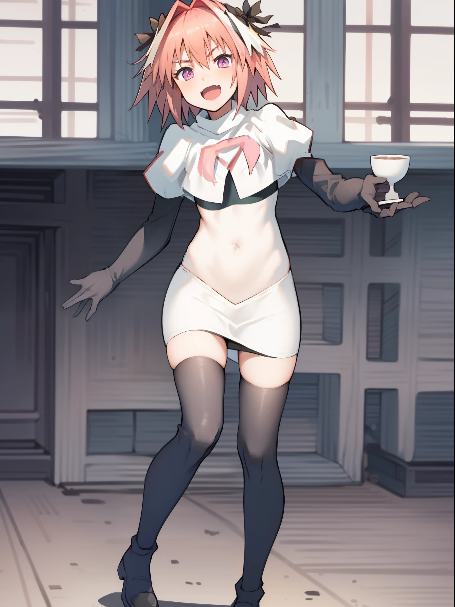 absurdres, masterpiece, best quality, (astolfo fate:1.2155), 1boy, male focus, trap, pink multicolored hair, pink hair, white hair, hair intakes, long hair, pink detailed eyes, crossdressing,1boy,team rocket,team rocket uniform,white skirt,crop top,black thigh-highs,black elbow gloves,