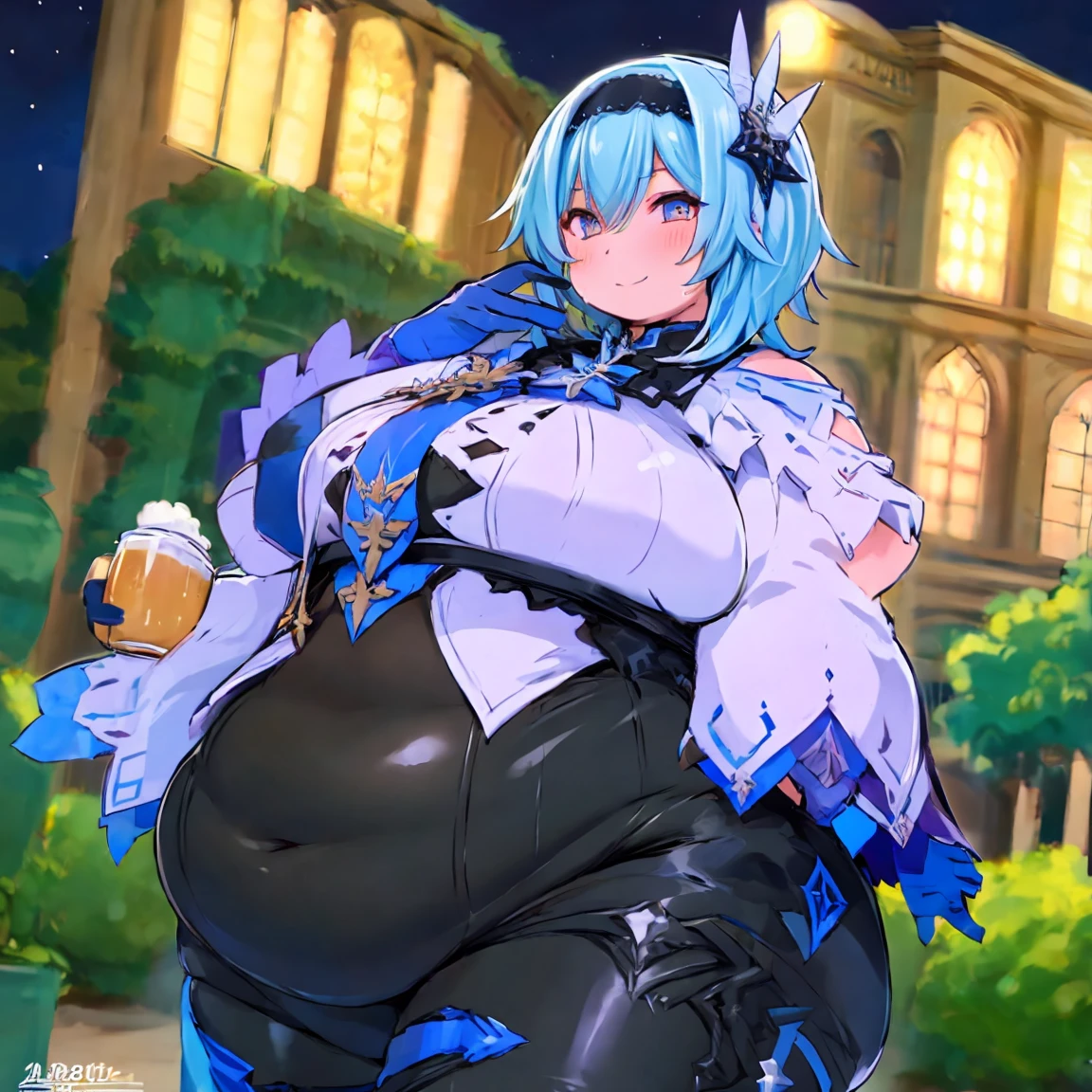 fat eula, 1girl, blue hair, short hair, black thighhighs, fat thick thighs, fat body, fat arms, hairband, bangs, symmetry eyes, closed bar, drinking beer, green beer, night, detailed face, medium breasts, (looking at viewer:1.2), black kneehighs, fat butt, pantyhose, smooth chin, (ulzzang-6500:0.7), (smile:0.9), (upper body:1.2), closed mouth, game cg, rendering, (photorealistic:1.2), fully naked,sweaty body,big boobs, eyes pink, obese body, big cheeks, cute and fat face, happy, obese body