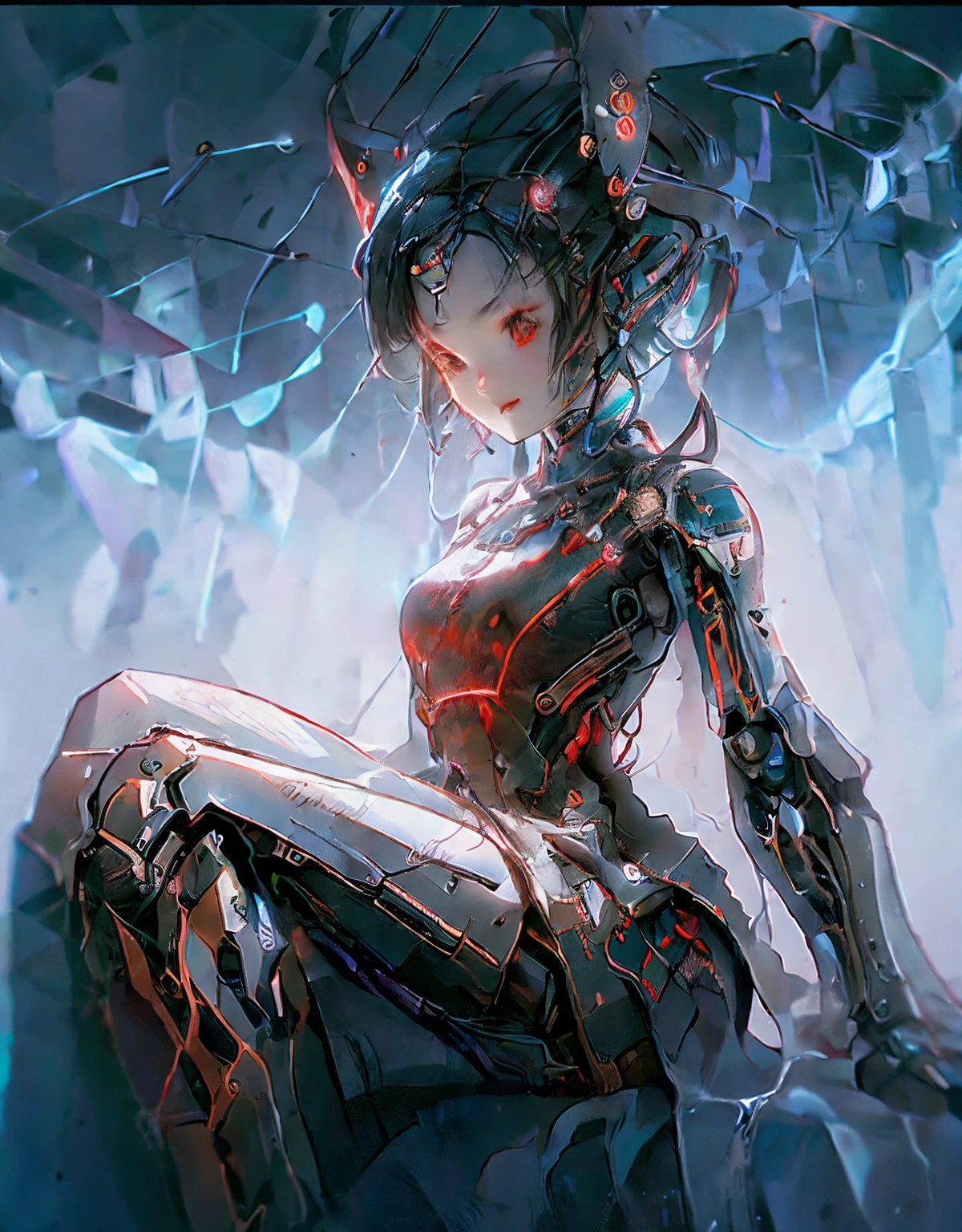 (1 mechanical girl)、highest qualityr、obra maestra、超A high resolution、(Fotorrealista:1.4)、Foto RAW、1人の女の子、cabello dorado、piel resplandeciente、(((1 mechanical girl)))、Con un hermoso cuchillo、(Traje de metal dorado)、(hermoso fondo de bosque)、Acantilados escarpados、(Small LED)、((Super realistic details))、Portlate、global ilumination、sombra、Octane representation、(Scouter tuerto)、8k、ultrasharp、Tetas colosales、Raw skin is exposed at the décolleté、metales、Detalles de adornos complejos、Japan details、Detalles muy intrincados、Luz realista、Tendencias de CGSoation、ojos rojos、ojos radiantes、in front of camera、neon details、(mechanical limbs)、(Blood Vessels Attached to Tubes)、Mechanical vertebrae attached to the back、mechanical cervical attachment to the neck、(alambres y cables que se conectan a la cabeza)、Gundam、Small LED、,Mechanical thighs、Toostock、(Hands Are Made of Machines Too)、