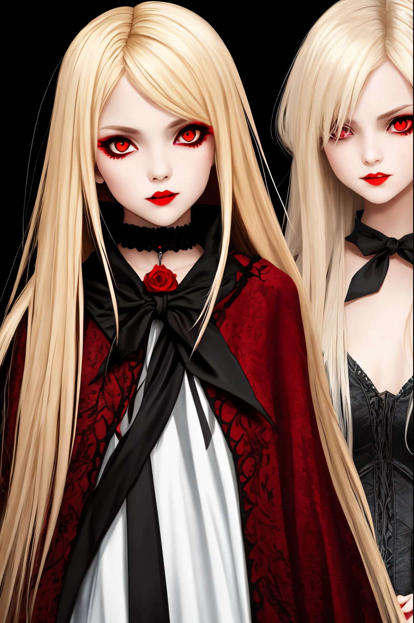 Insane evil vampire girl with shoulder length blonde hair and red eyes, bloodlust