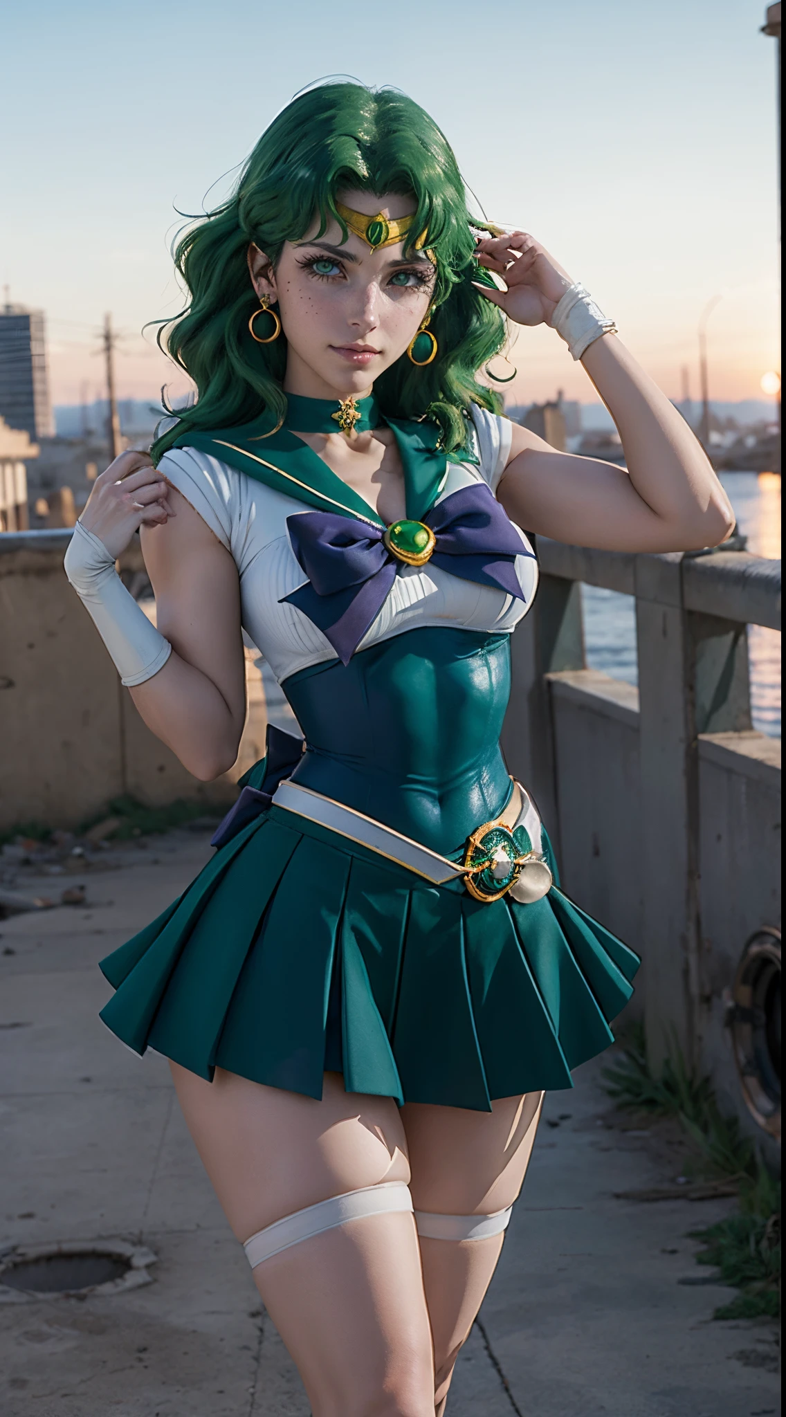 Mujer arafed disfrazada de Sailor Senshi posando frente a una ciudad apocalyptic., Anime Girl Cosplay, Sakimichan HDRI, Foto cosplay, The sailor Jupiter. Beautiful, Akali de League of Legends, cosplay glamuroso, por Sailor Moon, Anime de cosplay, Akali, Uniforme de marinero, cosplay, Estilo Sailor Moon, Sailor Luna,,More detailed 8K.motor irreal:1.4,UHD,La mejor calidad:1.4, fotorrealista:1.4, textura de la piel:1.4, obra maestra:1.8,obra-prima, mejor calidad,objeto Objeto], (detailed face features:1.3),(manos detailed:1.4),(cabello verde largo:1.4),(falda verde:1.4), (fondo atardecer apocalyptic city:1.4)