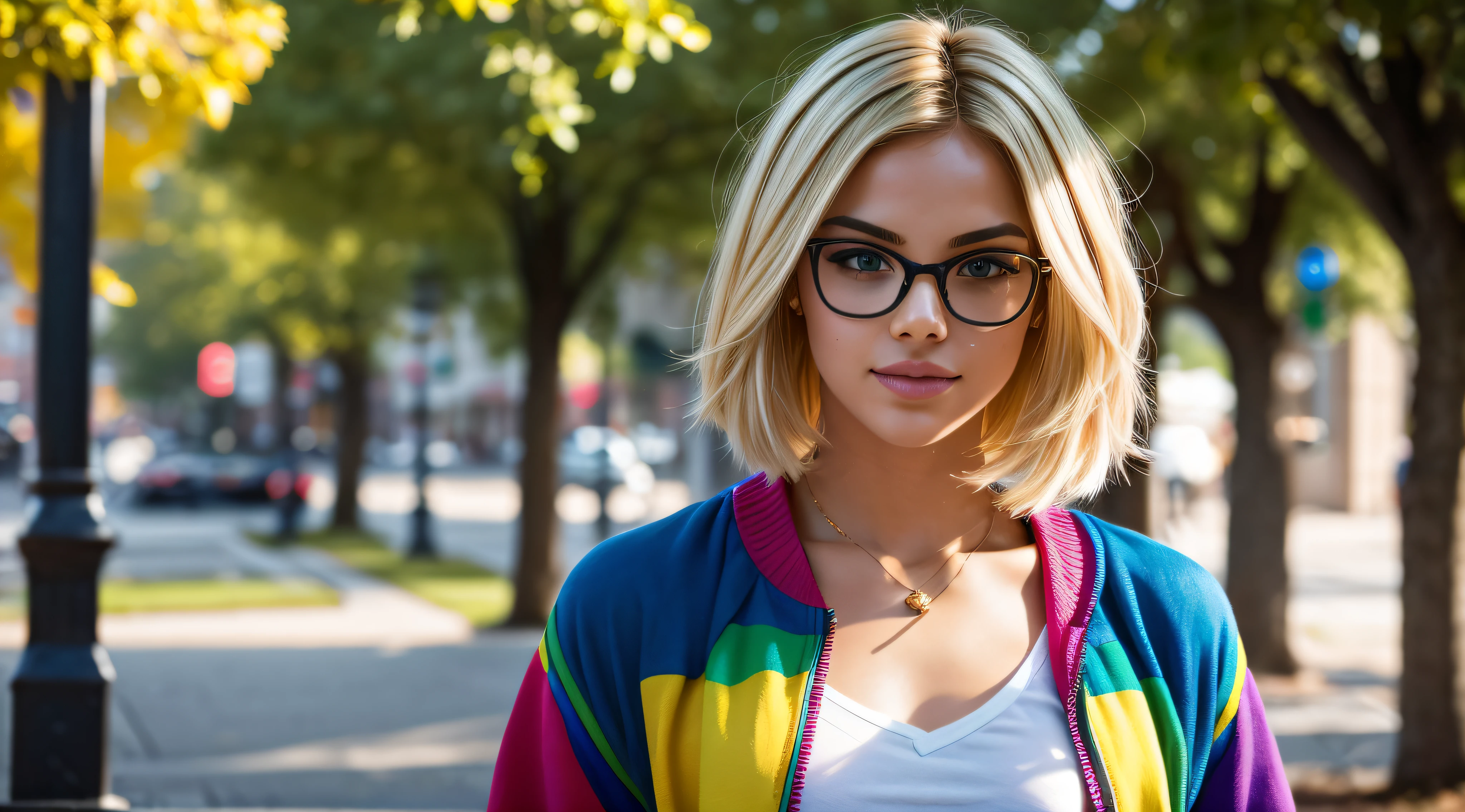 In the soft glow of a sunlit afternoon on the university campus, a confident and vibrant model with short, blonde hair adorned in the colors of the LGBTQI+ spectrum exudes individuality and pride. With fair skin and a pair of stylish glasses, she adds an intellectual touch to her expressive and colorful ensemble. Dressed in a fashion-forward outfit, the model showcases her unique style. The sunlight bathes the campus in warmth, casting a gentle play of light and shadows on the surroundings. The camera adeptly captures the nuanced details of her appearance, highlighting the textures of her clothing and the natural elements of the environment. Her short, blonde hair is a canvas for a playful display of LGBTQI+ colors, creating a dynamic and eye-catching effect. The colors are carefully woven into the hair, symbolizing inclusivity and diversity. The glasses add a touch of sophistication, complementing the overall look. Facial features are carefully portrayed, capturing the essence of a confident and expressive demeanor. The glasses enhance the model's intellectual appeal, while her engaging gaze adds depth and personality to the scene. The camera angles offer various perspectives, capturing the model in motion as she navigates through the campus scenery. The vibrant colors in her hair stand out against the greenery, creating a visually stunning and celebratory display of individuality and pride. This detailed image prompt aims to celebrate the radiant diversity and unique style of a model with short, blonde hair adorned in LGBTQI+ colors, wearing glasses and confidently embracing her identity on the university campus.