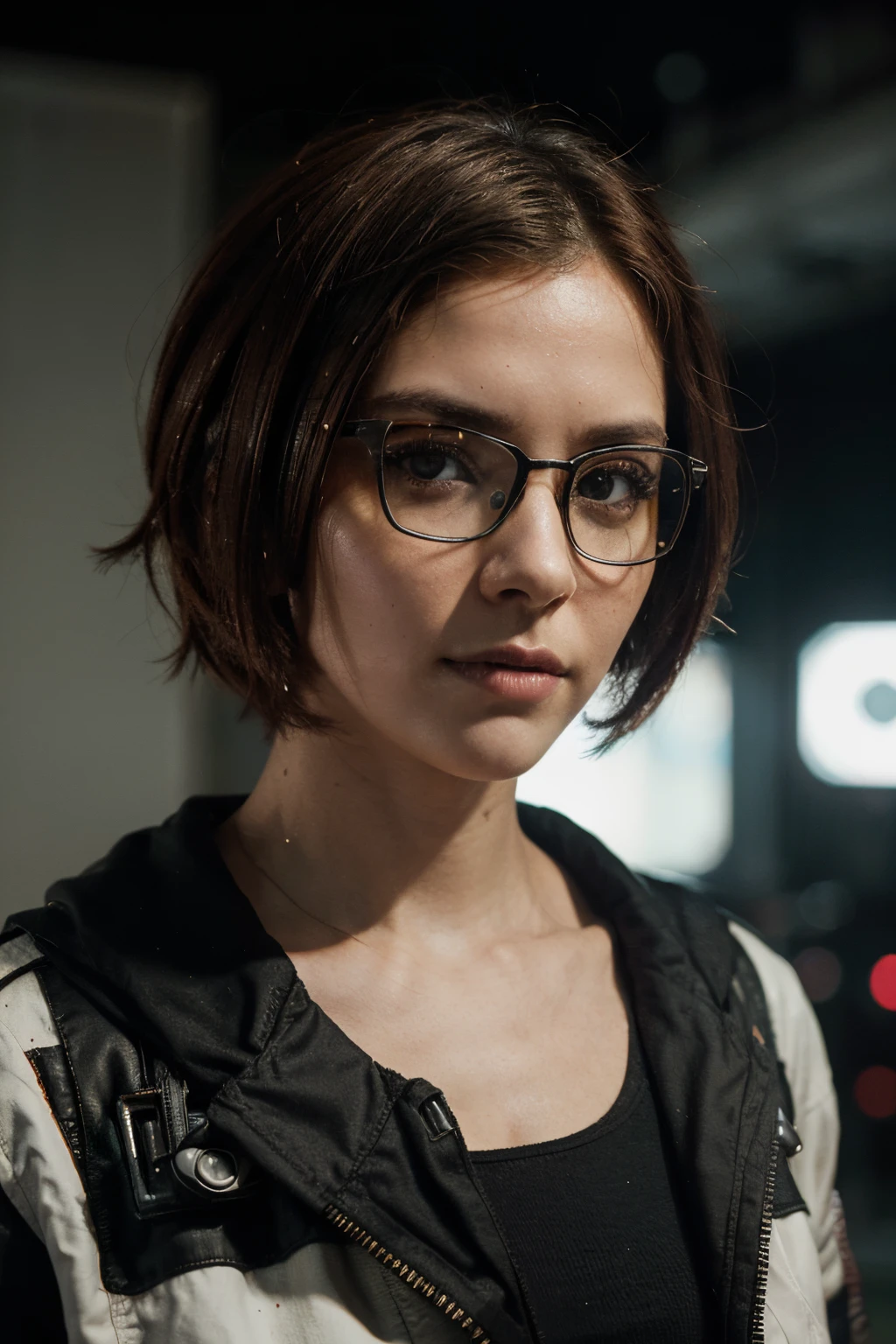 Front view, Looking at camera, Foto RAW,((jaqueta preta estilo cyberpunk:1.2)), ((retrato)), Android robot woman with short red hair, 30 years old with large glasses with modern aviator style design, olhos castanhos escuro, olhos perfeitos, ((fundo branco:1.2)), studio lighting, alta qualidade, filmic grain, Fujifilm XT3, Centralizado
