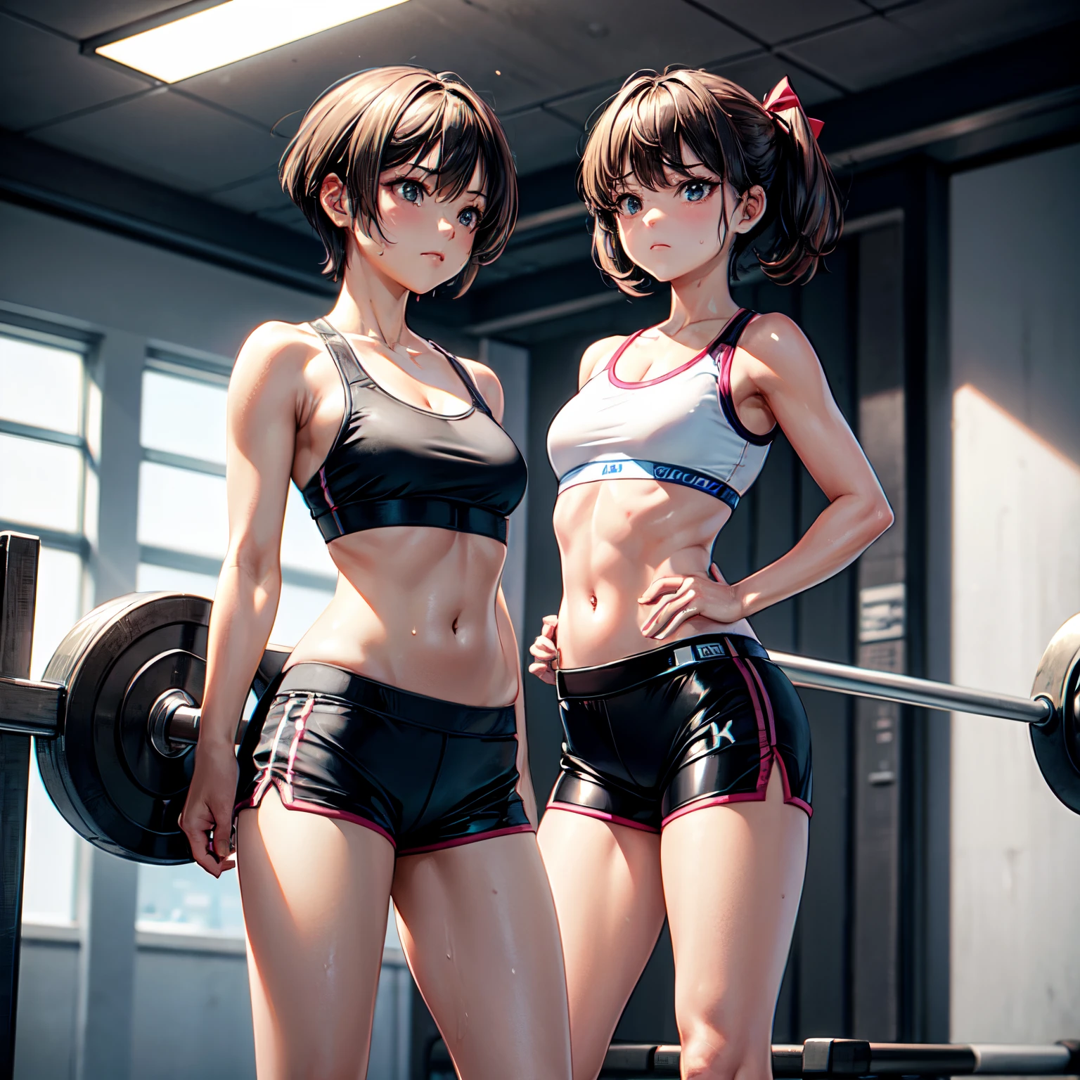 masterpiece, 4K, of the highest quality, bow ribbon, Sports Bra, Latex Shorts, is standing, arms folded,、cool expression Beautiful gym, Brown-eyed, Short_hair, Small_Breast, looking at the viewers 、Heavy sweat、1 persons