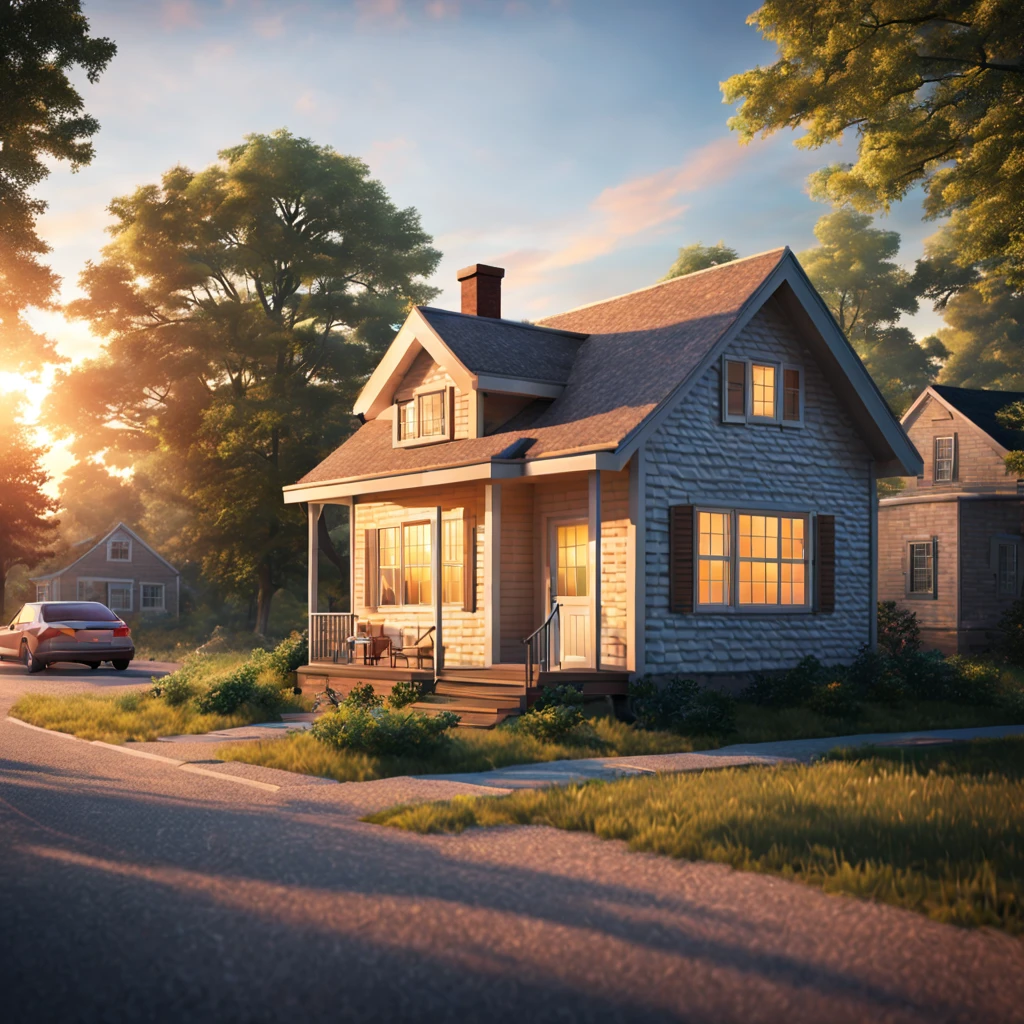 very small house on the outskirts of a small township in the north of the usa, at the end of the street, behind the house you can see the forest, summer, setting sun, Warm sunset, soft light of the evening sun, soft sunlight, realistic, photorealistic, cinematic, soft colors