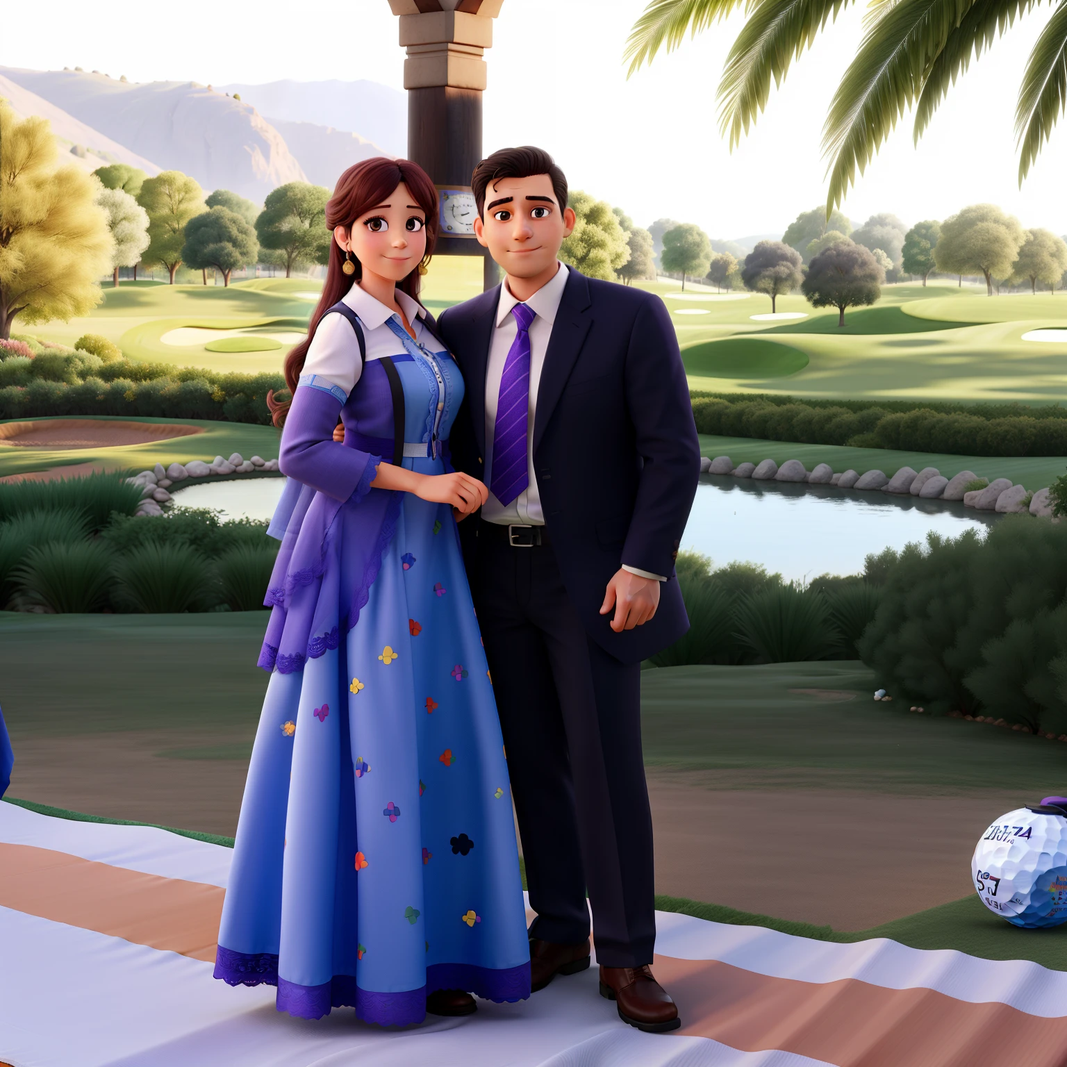 Mi esposa junto ami posando en una fiesta con un fondo de campo de golf