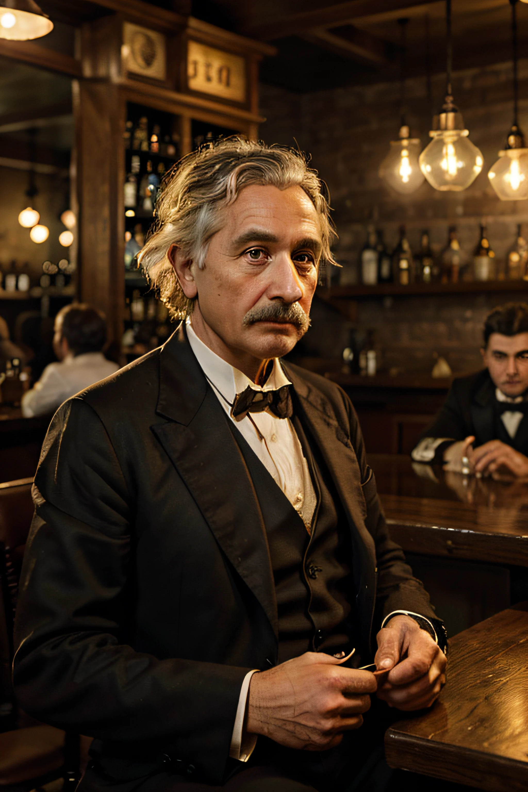Albert Einstein, Nikola Tesla, and Thomas Edison sitting at a bar table, [vintage setting], [dimly lit], [smoky atmosphere], [old wooden bar counter] in the background. Albert Einstein is depicted with [wild, unkempt hair], [intense gaze], and [thoughtful expression]. Nikola Tesla has a [distinguished appearance], [piercing eyes], [well-groomed mustache], and [elegant attire]. Thomas Edison is portrayed with a [serious yet determined look], [beard], and [signature bow tie]. They are engaged in a [lively discussion], [gesturing with their hands], and [sharing drinks]. The bar is filled with [vibrant conversations], [clinking glasses], and [hazy whispers]. The overall image quality is set to be of [best quality, 4k resolution], [ultra-detailed]. The art style should showcase a [combination of realism and artistic flair], [portraits in a bar scene]. The color palette is [warm and earthy], with hints of [golden light]. The scene is illuminated by [soft, warm lighting], emphasizing the ambiance and highlighting the facial features of the three intellectuals.