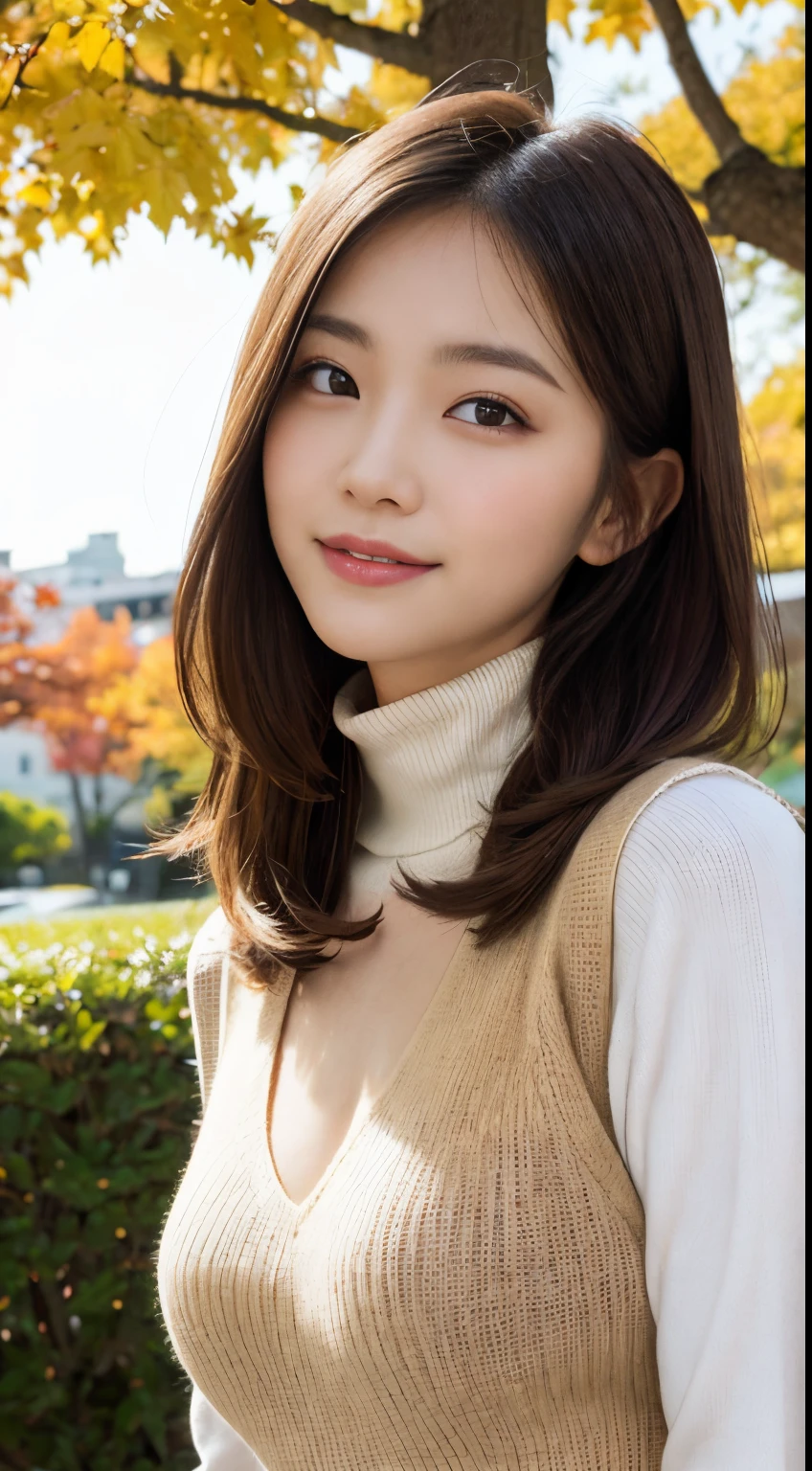 Best quality, 真实感, Detailed pubic hair, A high resolution, 8k wallpaper, Perfect dynamic composition, beautidful eyes, Long hair and other hairstyles, full, Large breasts, Casual and sexy pose,Bring your chest together、(Small turtleneck short vest white cleavage sweater looks so real)、(Breast bulge1.2)、A smile、Golden ginkgo tree landscape in autumn park、falling leaf,23years old、(droopy eyes 1.4)、adult beauty、japanes(This is a full-body photo:1.4)