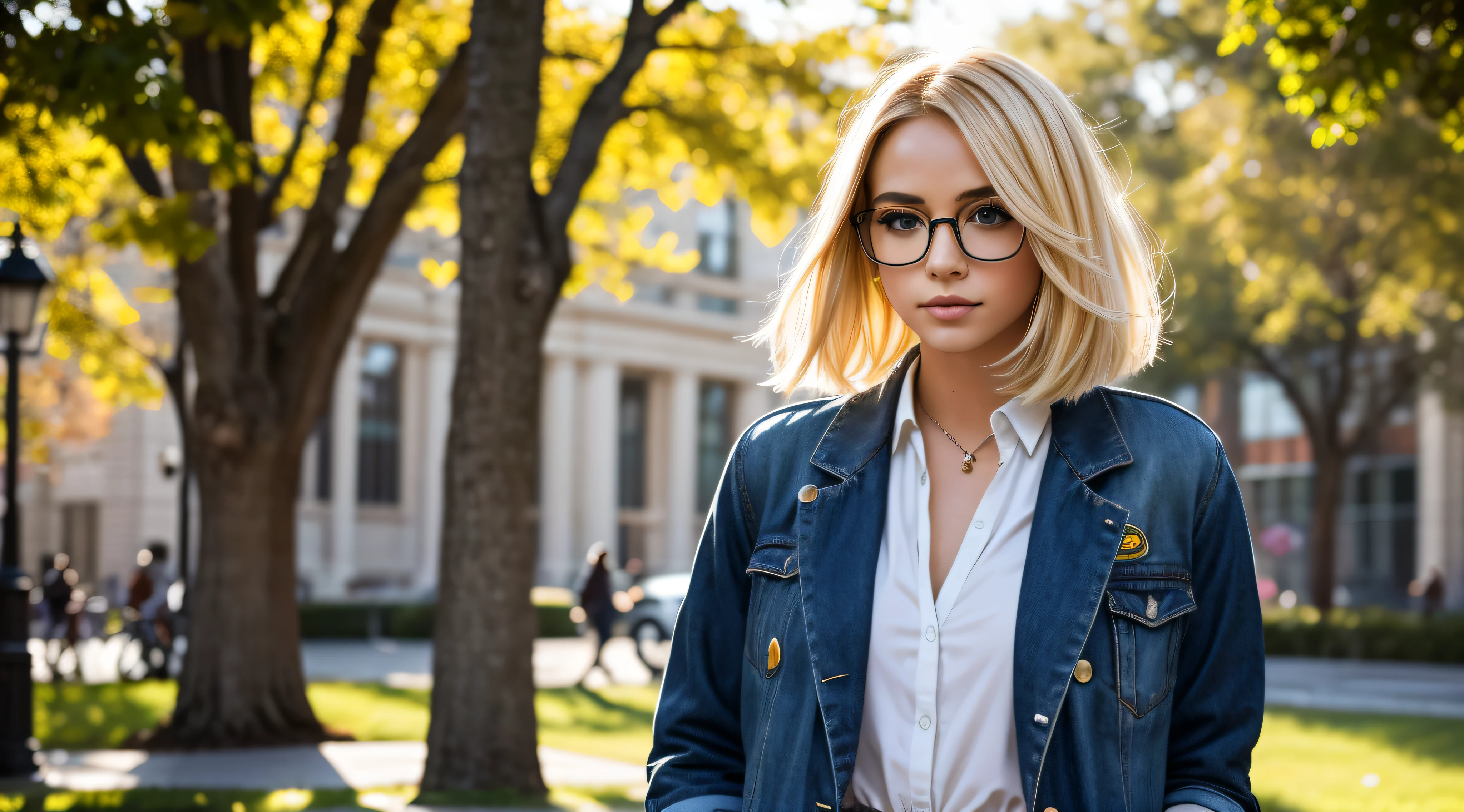 In the soft glow of a sunlit afternoon on the university campus, a confident and vibrant model with short, blonde hair adorned in the colors of the LGBTQI+ spectrum exudes individuality and pride. With fair skin and a pair of stylish glasses, she adds an intellectual touch to her expressive and colorful ensemble. Dressed in a fashion-forward outfit, the model showcases her unique style. The sunlight bathes the campus in warmth, casting a gentle play of light and shadows on the surroundings. The camera adeptly captures the nuanced details of her appearance, highlighting the textures of her clothing and the natural elements of the environment. Her short, blonde hair is a canvas for a playful display of LGBTQI+ colors, creating a dynamic and eye-catching effect. The colors are carefully woven into the hair, symbolizing inclusivity and diversity. The glasses add a touch of sophistication, complementing the overall look. Facial features are carefully portrayed, capturing the essence of a confident and expressive demeanor. The glasses enhance the model's intellectual appeal, while her engaging gaze adds depth and personality to the scene. The camera angles offer various perspectives, capturing the model in motion as she navigates through the campus scenery. The vibrant colors in her hair stand out against the greenery, creating a visually stunning and celebratory display of individuality and pride. This detailed image prompt aims to celebrate the radiant diversity and unique style of a model with short, blonde hair adorned in LGBTQI+ colors, wearing glasses and confidently embracing her identity on the university campus.