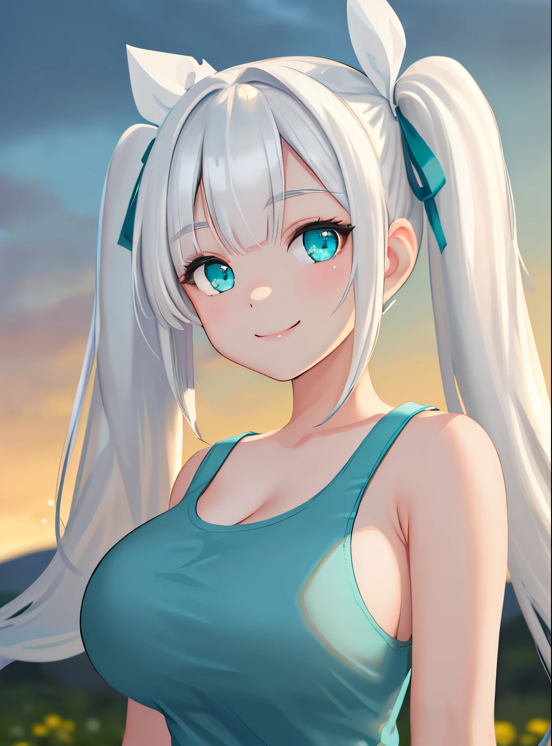 masterpiece, (best quality:1.4), detailed, girl, (solo), (white hair:1.2), (medium twintail hair:1.3), (sidelocks:1.1), (bangs:1.1), (large breast:1.3), ribbon, (aqua eyes:1.2), (smile:1.2), flower on head, upper body, (tank top:1.0), (hot tank top:1.2), (looking at viewer:1.2), sexy, detailed eyes, detailed hair, highres, outdoor, sky, (lighting:1.2), high details