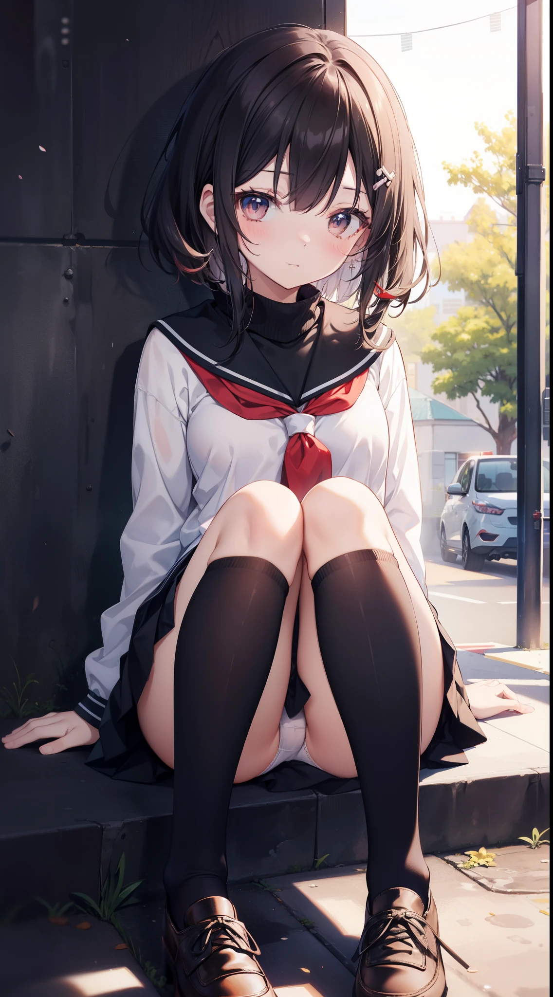 masutepiece、hight resolution、１a person々Cute Girl、hi-school girl、Sitting on the ground with knees upright、Staring at this、Black Knee High Socks、White lace panties