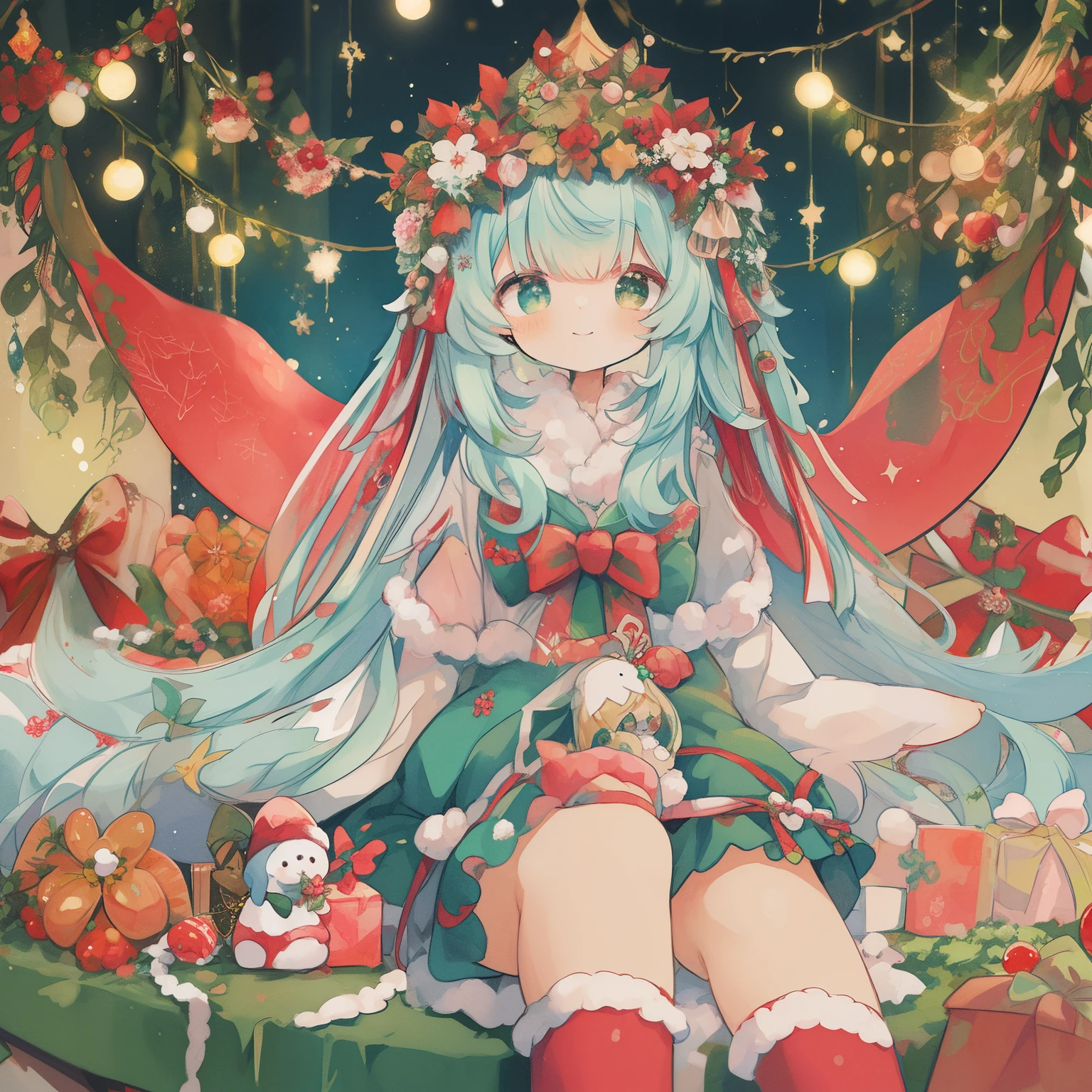 (Cute illustration:1.1)、(watercolor paiting:1.1)、(vibrant glow:1.2)、striking contrast、Beautifully detailed、christmas night、reddish、verdant、illuminations、Santa Clothes、Yuki、Holly、Christmas cake、stele、white Christmas、Christmas tree、Glitter、cinematric light,1girl in、（Wear red and green lace feathers：1.5）、masutepiece, Best Quality, Anime, Christmas Colors、Holly、Flower Arrangement Wreath Background、A smile、、 Dress, knee sox, Lace, Christmas Colors：1.1、Holly、Flower Arrangement Wreath Background、A smile、(PastelColors:1.2)、(Cute illustration:1.2)、(watercolor paiting:1.2)、、,levitation：1.1、Thick wool gown:0.3