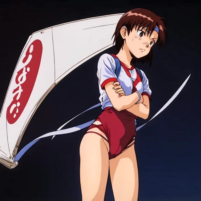 masutepiece,Best Quality,Solo,
Noriko Takaya,1girl in,
Medium Hair,Brown hair,Brown eyes,
head band,
Short sleeves,Leotards under clothes,
wristbands,
cockpit,Machine,Restraint,{Leotard}{head band}{under clothes}Staring at this、{Arms crossed}、cute and respectable、blue headband、thigh laces、Vertical white line、The background is space、Niō Standing、
