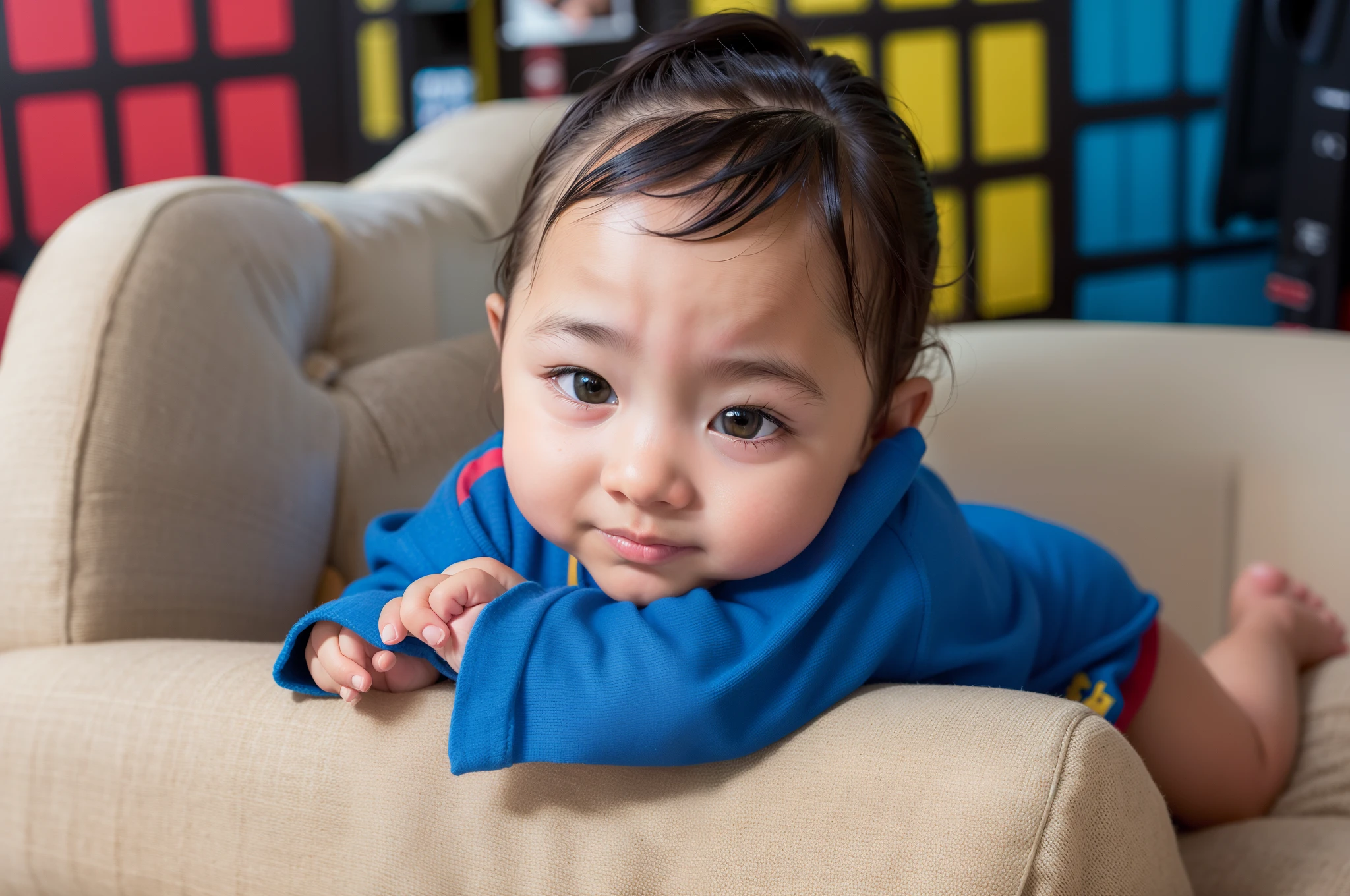 there is a baby sitting in a chair with a blue blanket, foto de retrato, foto de retrato em close-up, bonito, Young Child, Retrato no meio da foto, retrato closeup, looking defiantly at the camera, Tirado com Canon EOS 5 D, Tirada com uma Canon EOS 5D, Tirado com uma Canon EOS 5 D, imagem retrato