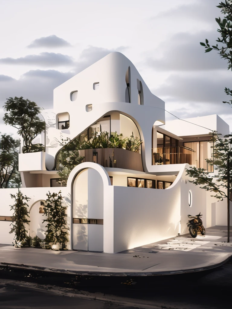 there is a white house with a lot of windows and a motorcycle parked in front of it, inter dimensional villa, precise architectural rendering, realistic architecture, rounded architecture, concept house, exterior design, futuristic house, stunning render, high quality rendering, award-winning render, in style of zaha hadid architect, award winning render, overall architectural design, organic architecture, professional render