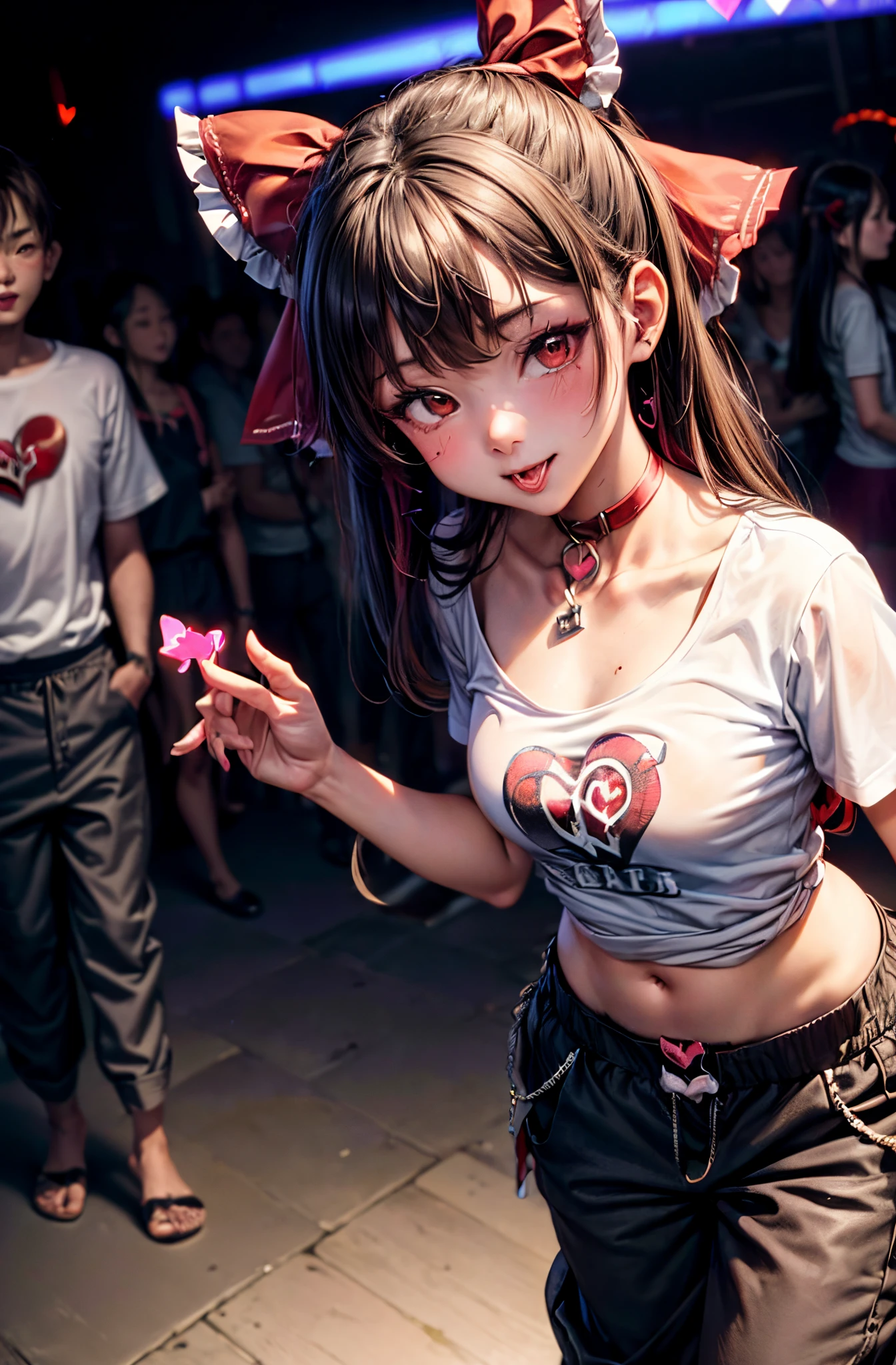 Reimu Hakurei en una rave, mirando al espectador con una sonrisa seductora, danza, confiado, club nocturno, Neon lights, brown hair, brown_ojos:1.6, ((flequillo, red ribbon:1.3)), Traje de e-girl:1.7, (((delineador, Heart-shaped seal, gargantilla, camiseta, pantalones holgados, cadena de correa:1.3))), 