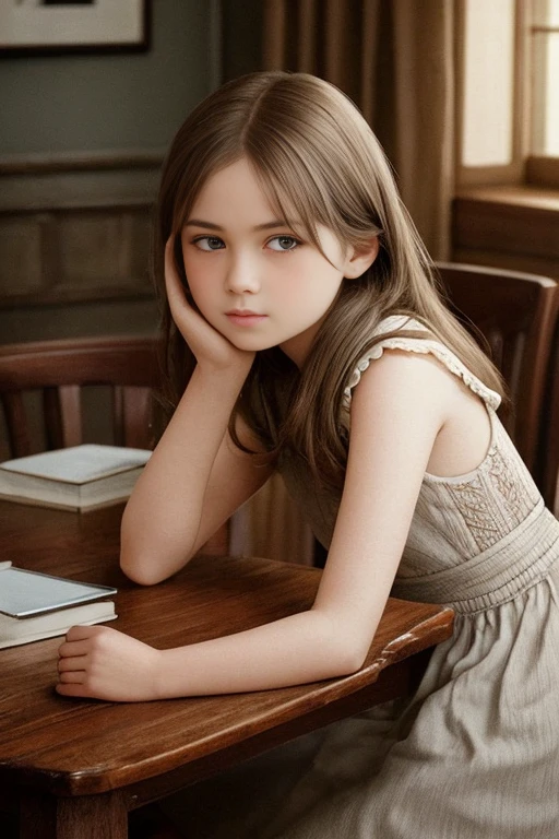 Generate a stable diffusion image of a young girl placed on a wooden table in a softly lit room. The young girl is french, with visible exhaustion and tears, showcasing her mood. The young girl is positioned at a slight angle, with her eyes facing the viewer. The lighting is warm and diffused, simulating the glow of late afternoon sunlight through sheer curtains.

The wooden table has a rich, mahogany finish, and there's a subtle reflection of the young girl on the table surface. Surrounding the young girl, there are carefully arranged vintage photography accessories like a leather camera strap, an old film canister, and a pair of vintage glasses. The background is blurred, emphasizing the main focus on the young girl.

The color palette should evoke a sense of nostalgia, with warm tones dominating the scene. Emphasize the textures on the young girl, especially the smooth perfect skin and details of her blues eyes. Aim for a balanced composition, with the young girl positioned off-center using the rule of thirds.

Please generate an image that captures the essence of vintage photography, paying attention to the details mentioned above. If possible, impart a subtle film grain effect to enhance the nostalgic feel of the image.