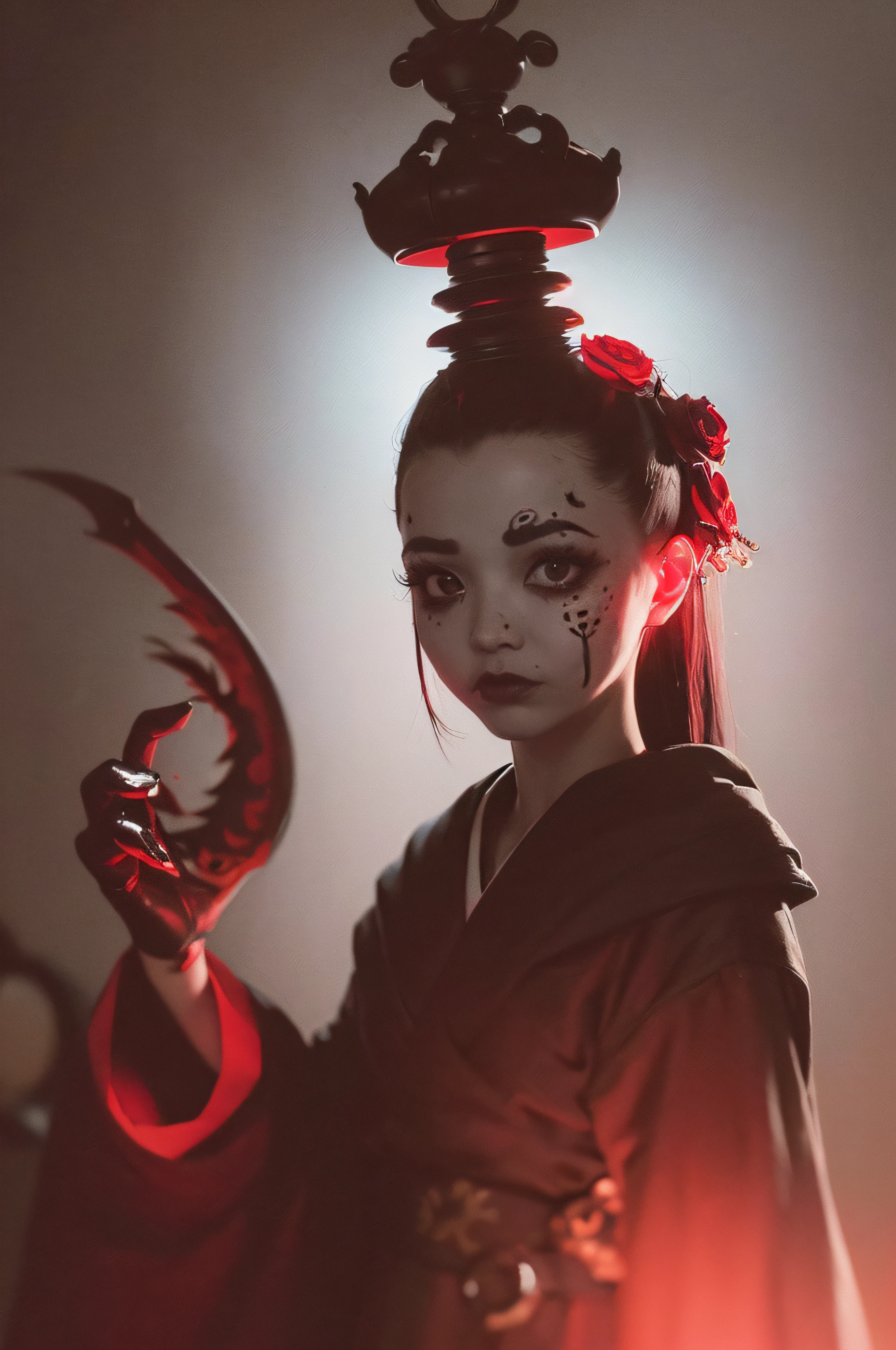 "(The best lighting, oscuro, dramatic),(feto calavera geisha escupiendo tinta roja, Cicatrices, sexy, cerebro, sangre, una rata dentro de la cabeza, terror.),(ojos rojos, calaveras). volumetric light.