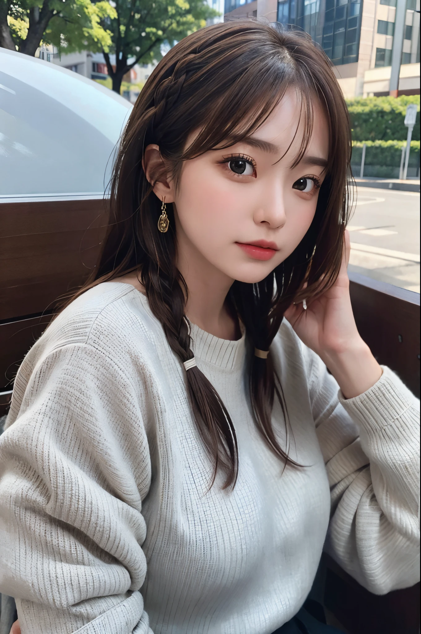 (From below:1),((1girl in)),Light Brown Fringe Hair、Braided hair、disheveled hair、Light brown eyes、(dignified expression)、(Fashionable casual wear),(爆乳)、Emphasize the valley、Skyscraper District、blue-sky、(Photorealsitic)、(intricate detailes:1.2)、(masterpiece、:1.3)、(top-quality:1.4)、(超A high resolution:1.2)、超A high resolution、(A detailed eye)、(detailed facial features)